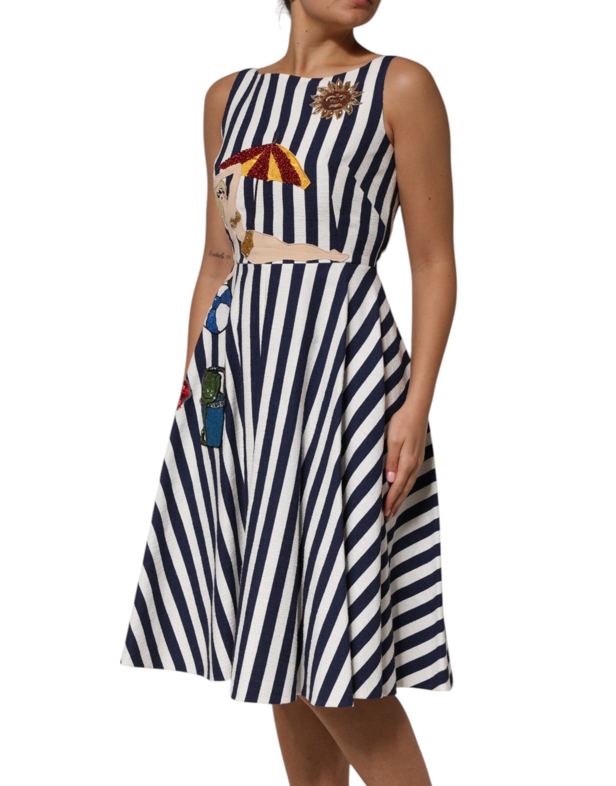 Blue White Striped Embroidered A-line Dress - ventzia