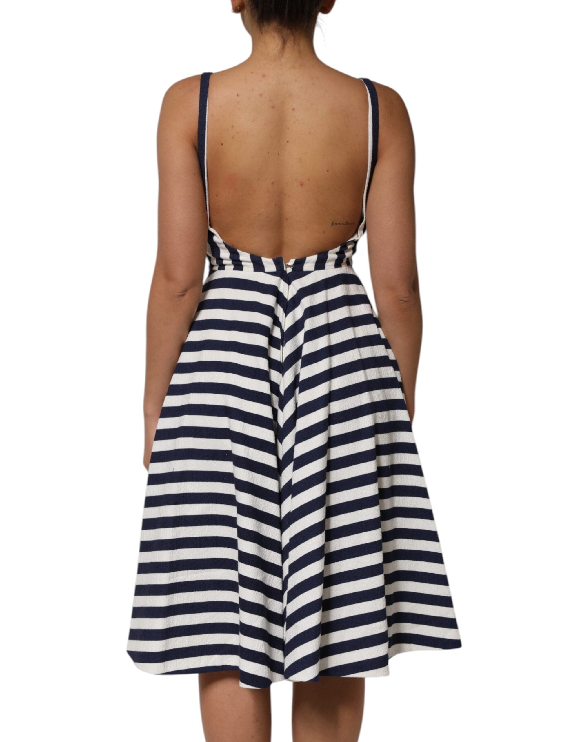 Blue White Striped Embroidered A-line Dress - ventzia