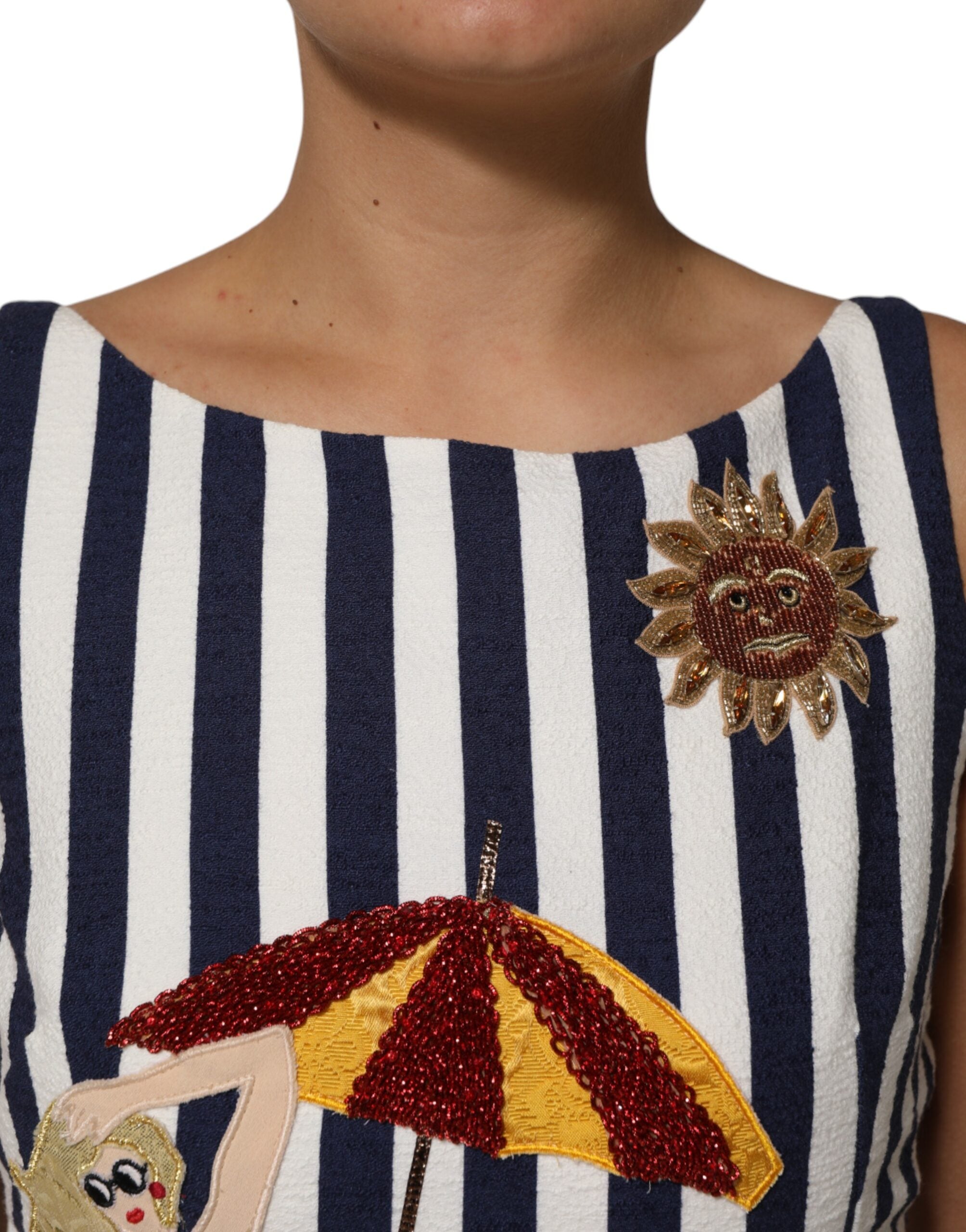Blue White Striped Embroidered A-line Dress - ventzia