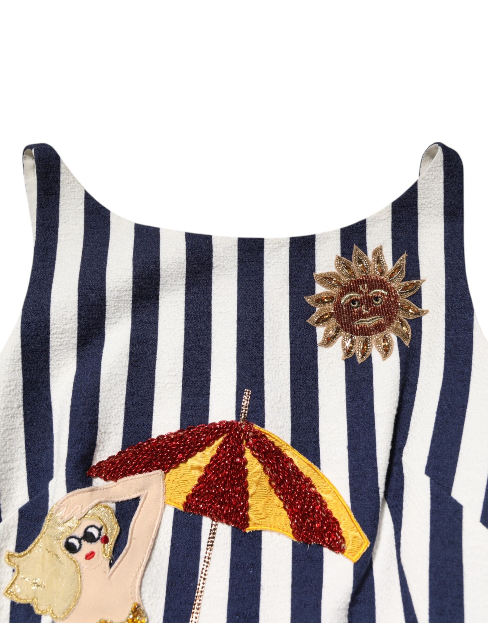 Blue White Striped Embroidered A-line Dress - ventzia