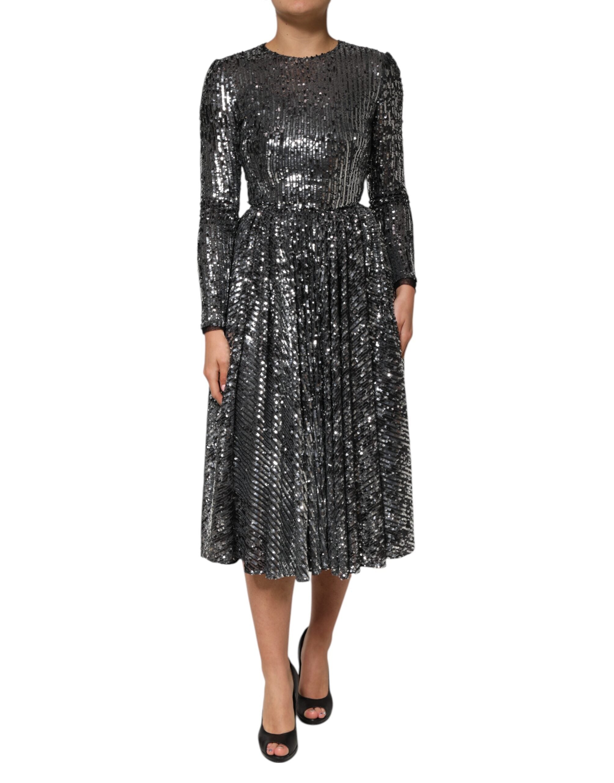Black Sequined Long Sleeves Midi A-line  Dress - ventzia