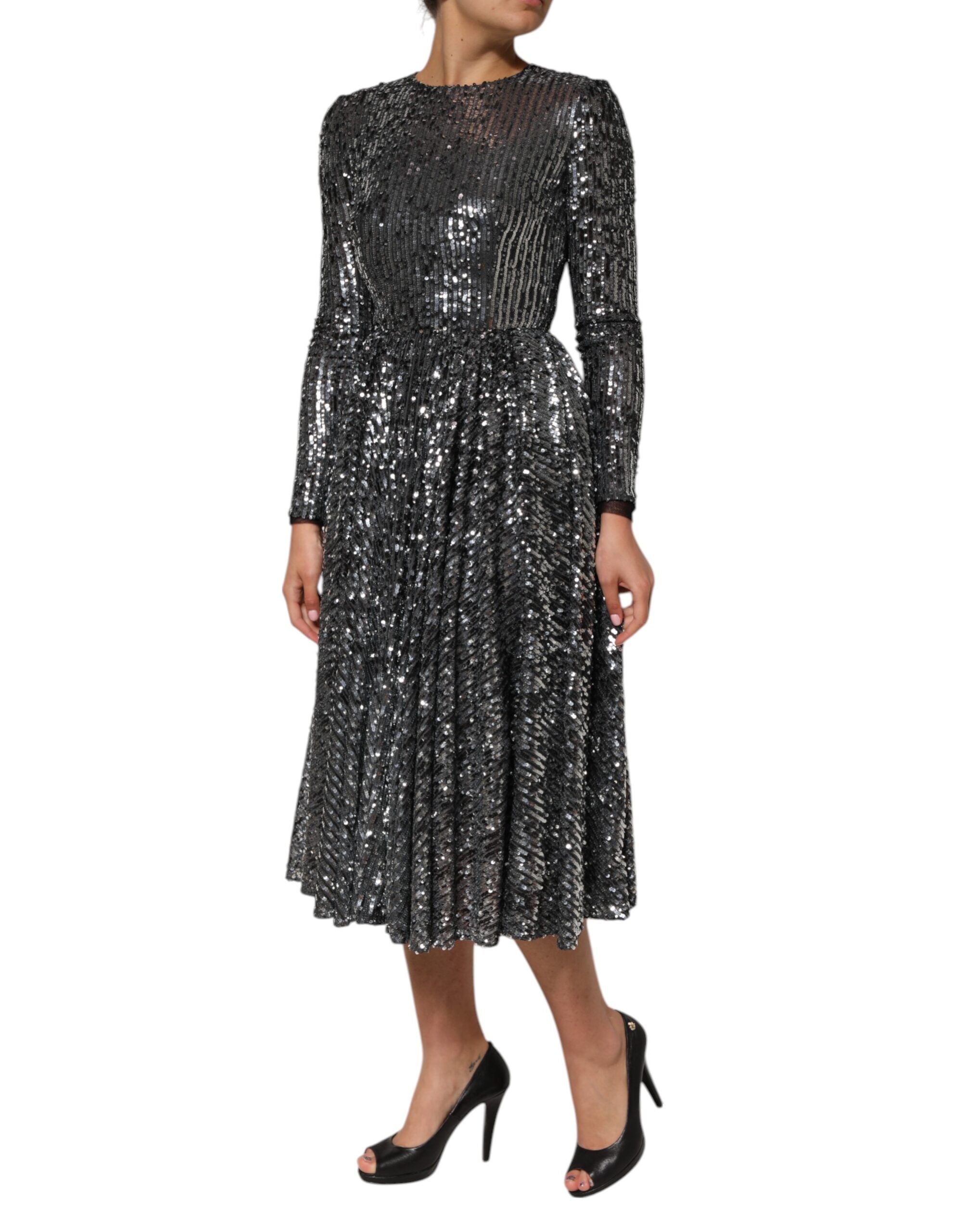 Black Sequined Long Sleeves Midi A-line  Dress - ventzia