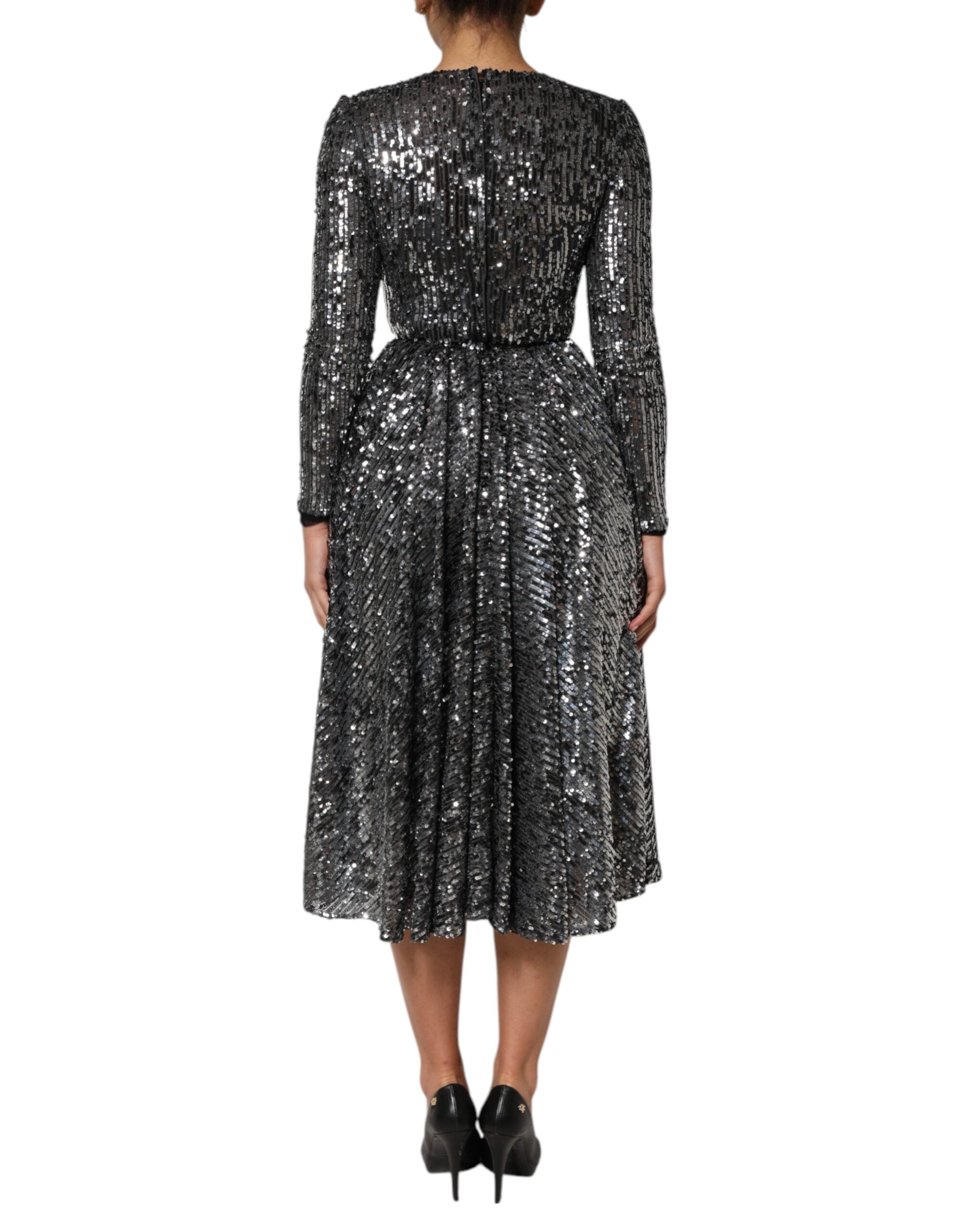 Black Sequined Long Sleeves Midi A-line  Dress - ventzia