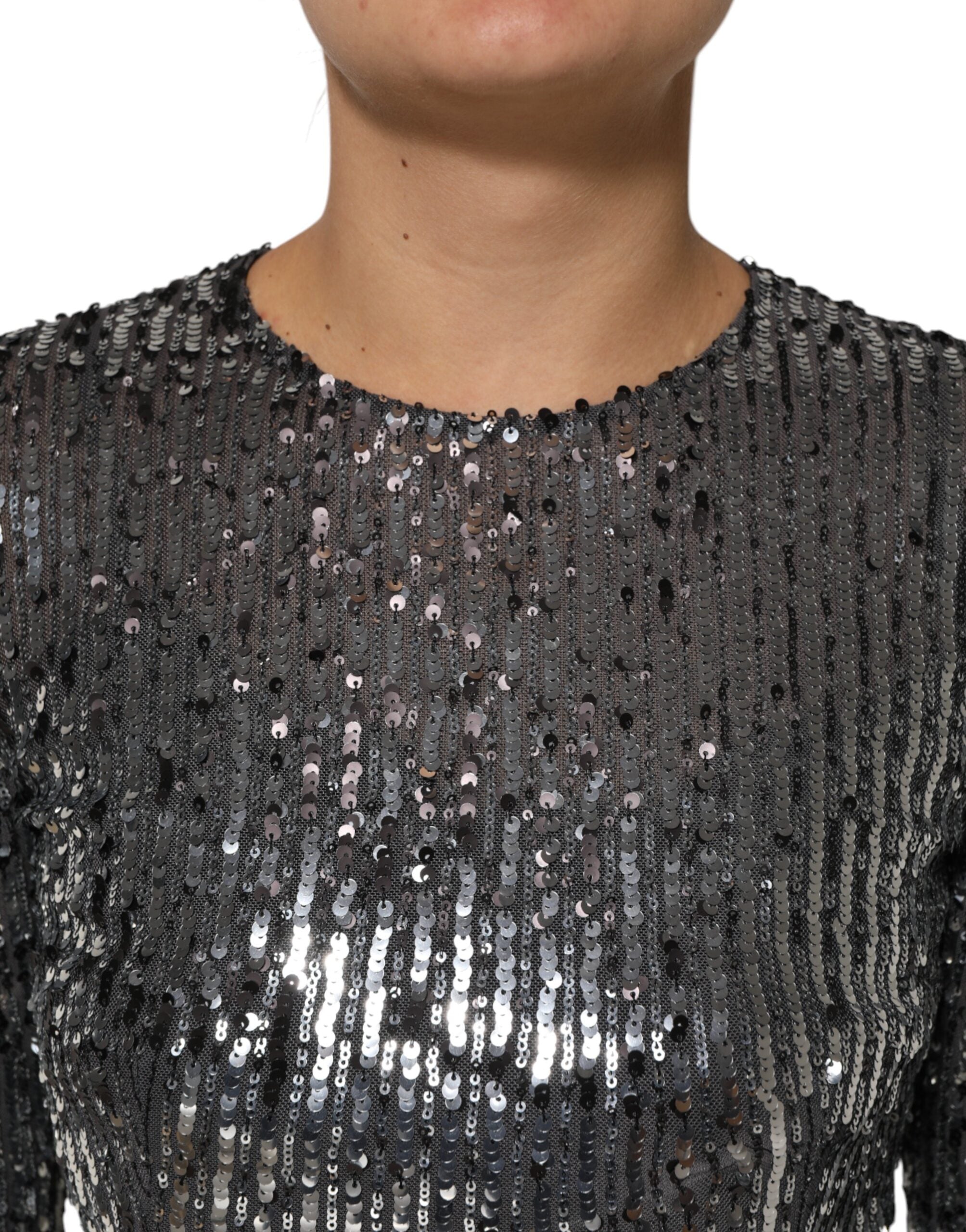 Black Sequined Long Sleeves Midi A-line  Dress - ventzia