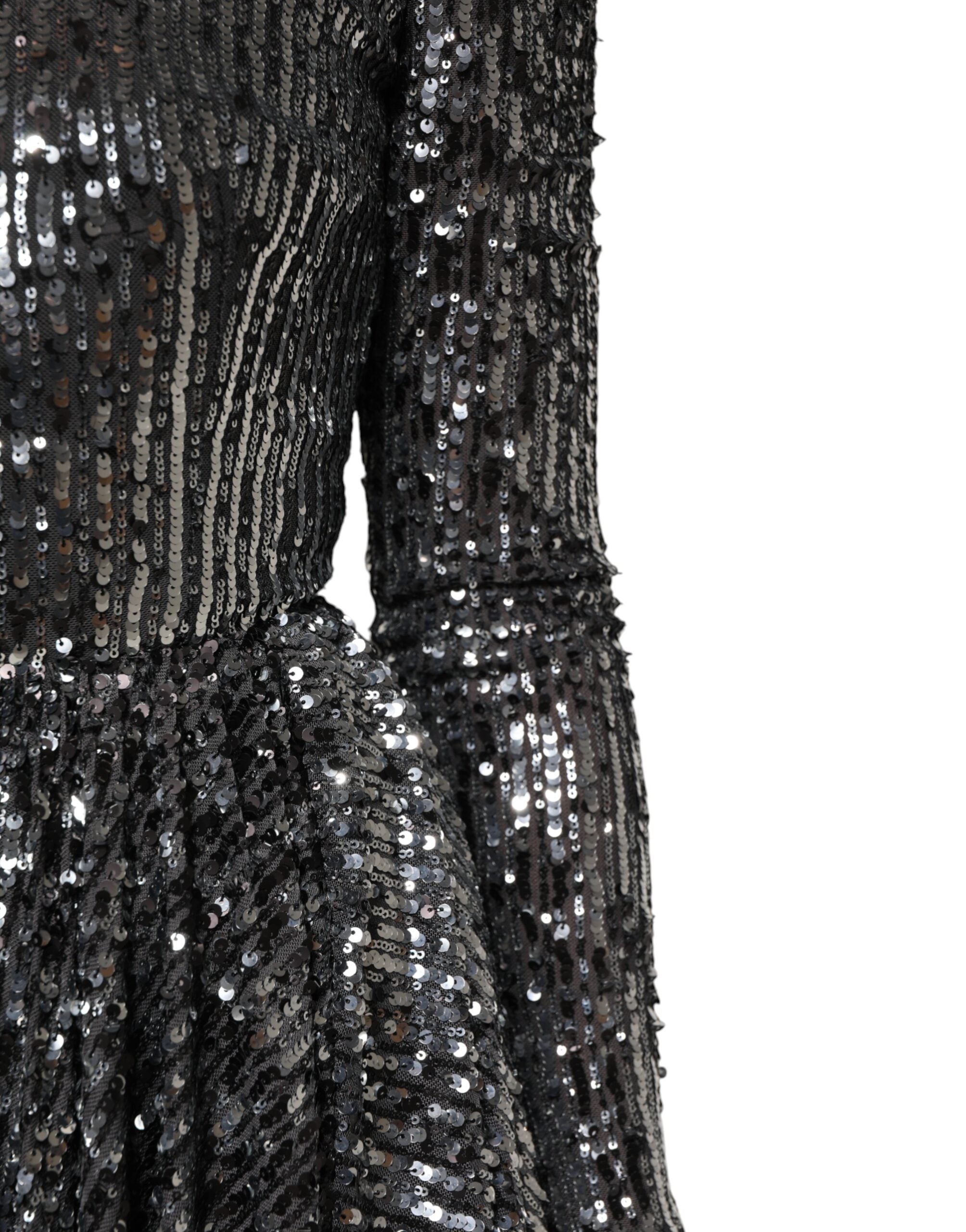Black Sequined Long Sleeves Midi A-line  Dress - ventzia