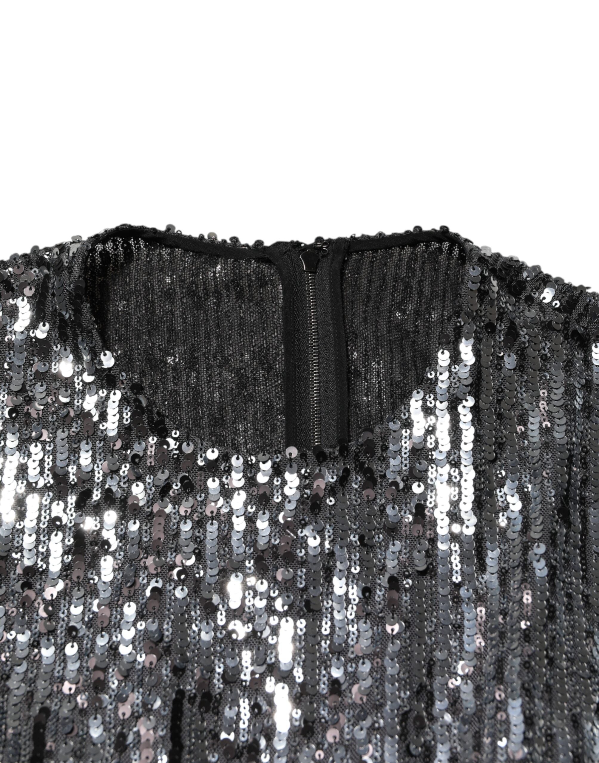 Black Sequined Long Sleeves Midi A-line  Dress - ventzia