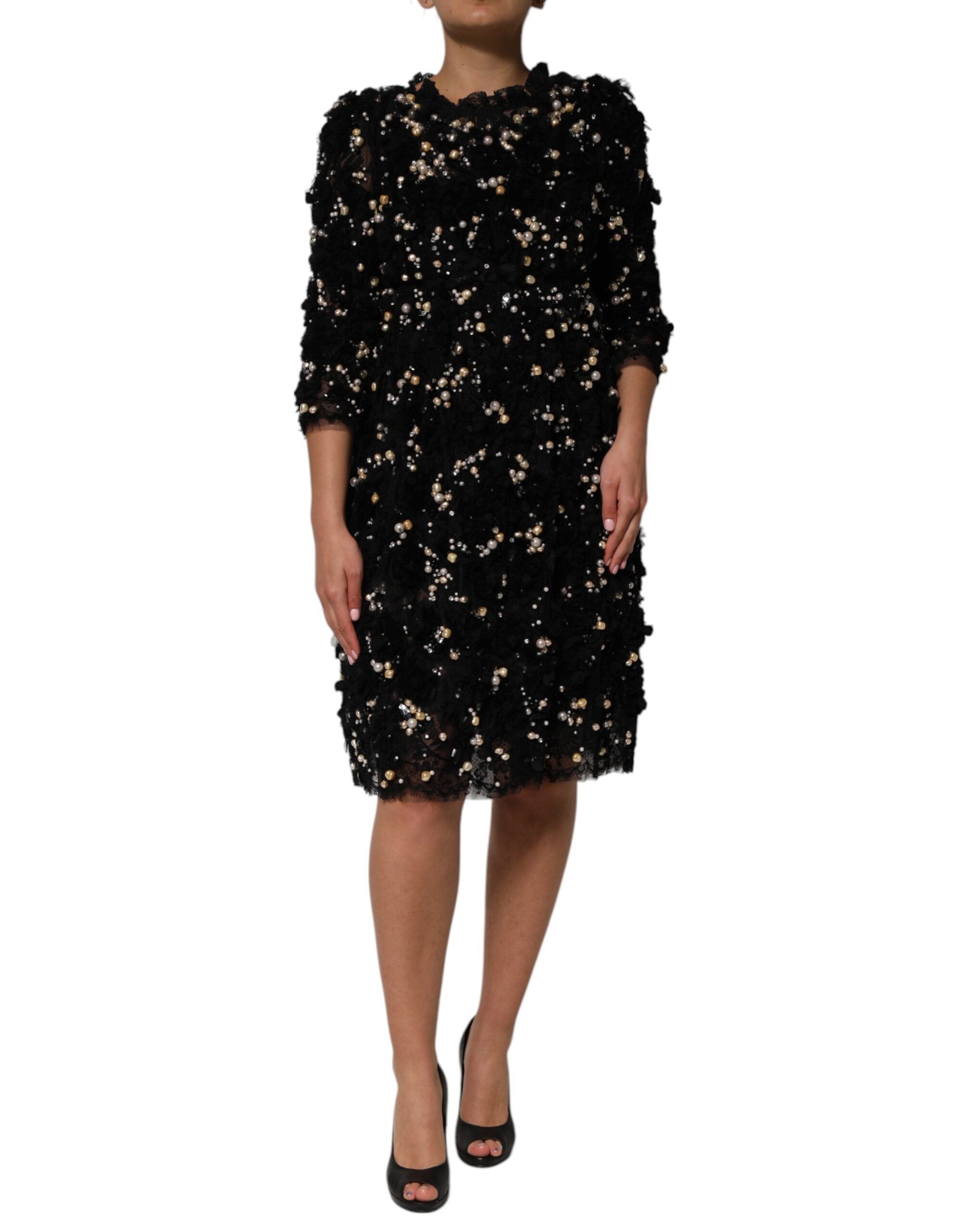 Black Viscose Pearl Embellishment Shift Dress - ventzia