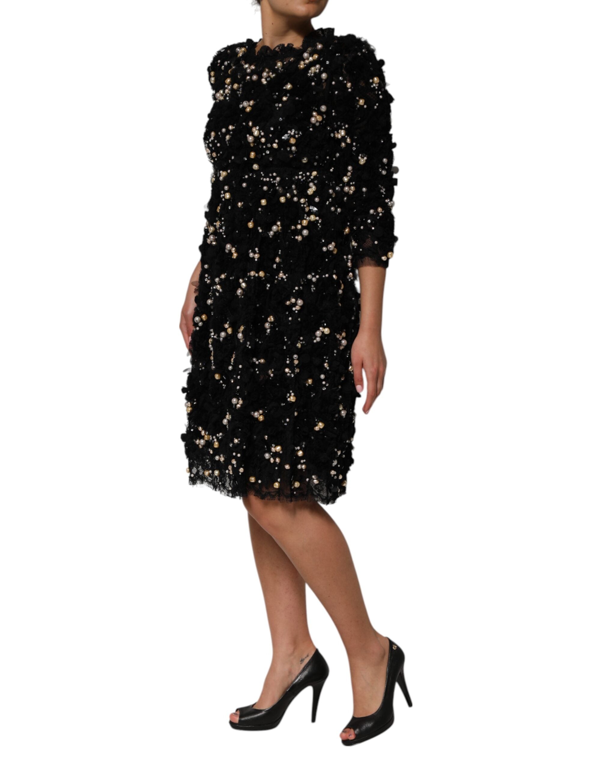 Black Viscose Pearl Embellishment Shift Dress - ventzia