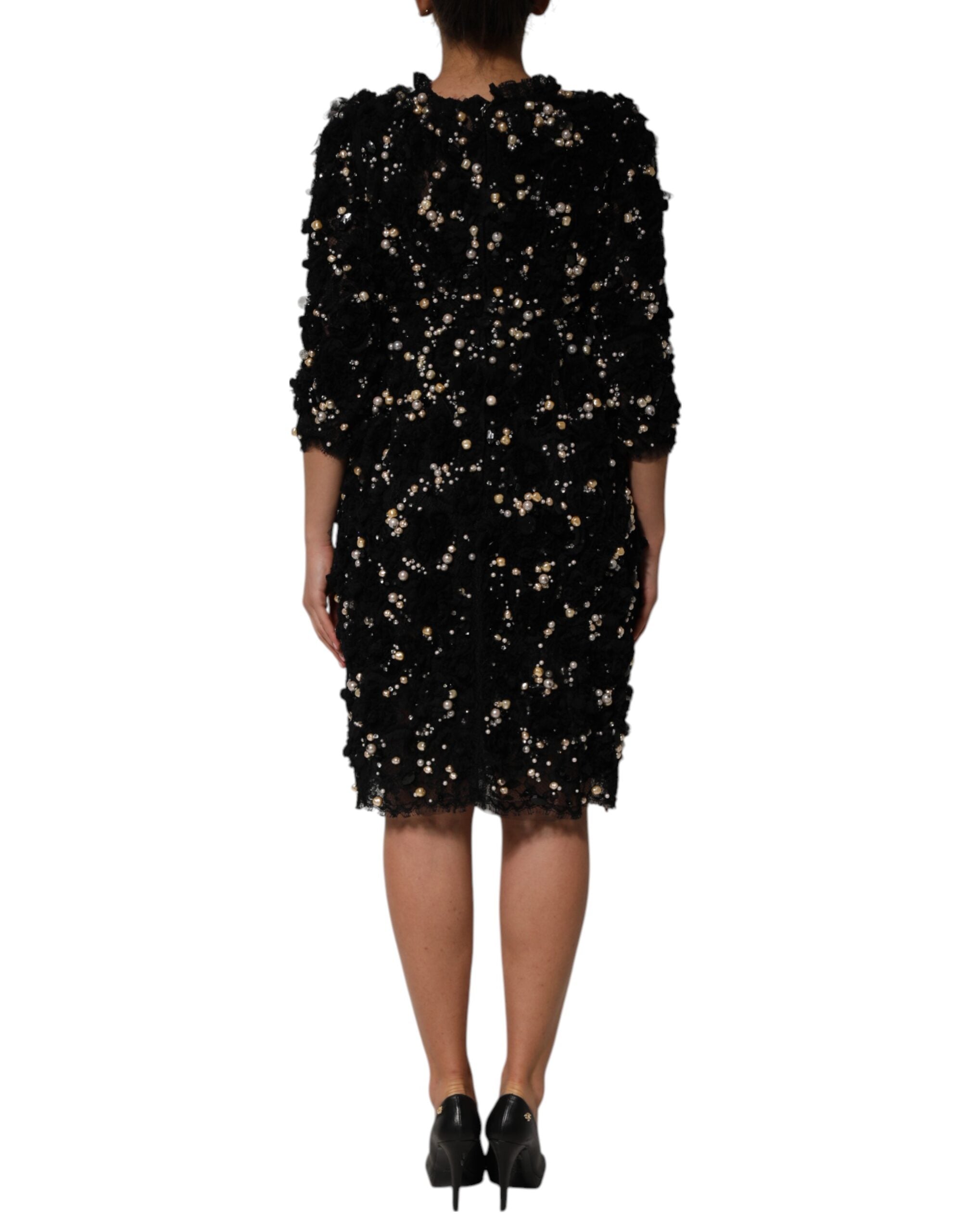 Black Viscose Pearl Embellishment Shift Dress - ventzia