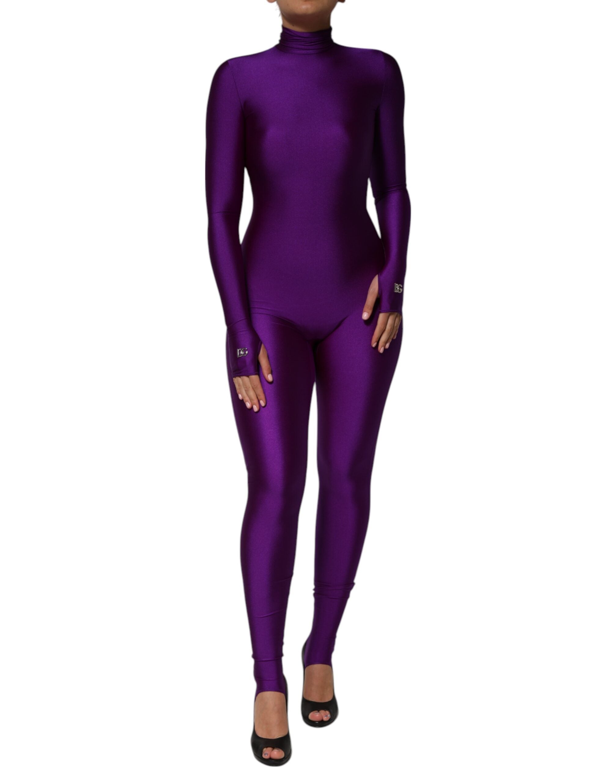 Purple Nylon Turtleneck Bodycon Jumpsuit Dress - ventzia