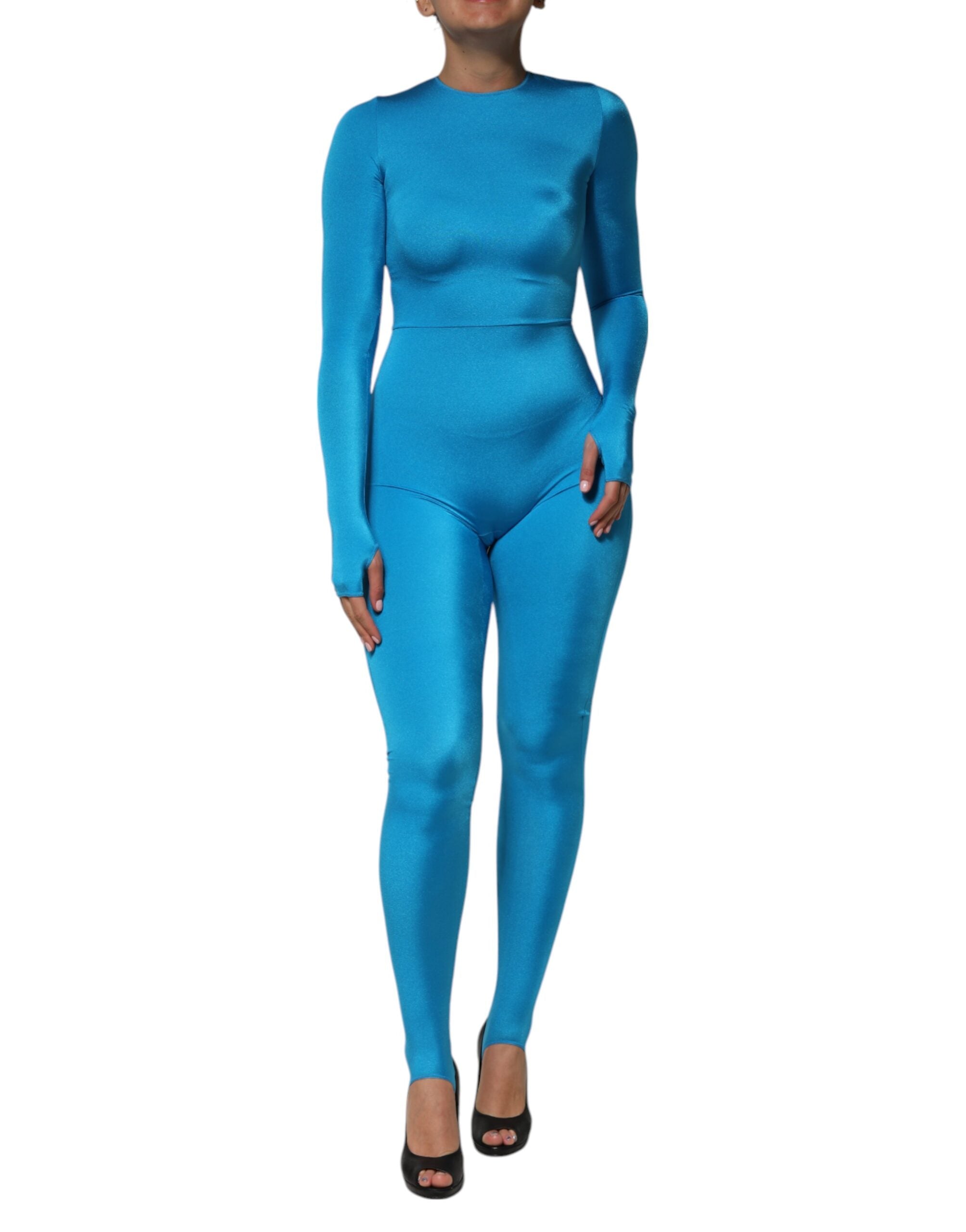 Blue Nylon Crew Neck Bodycon Jumpsuit Dress - ventzia