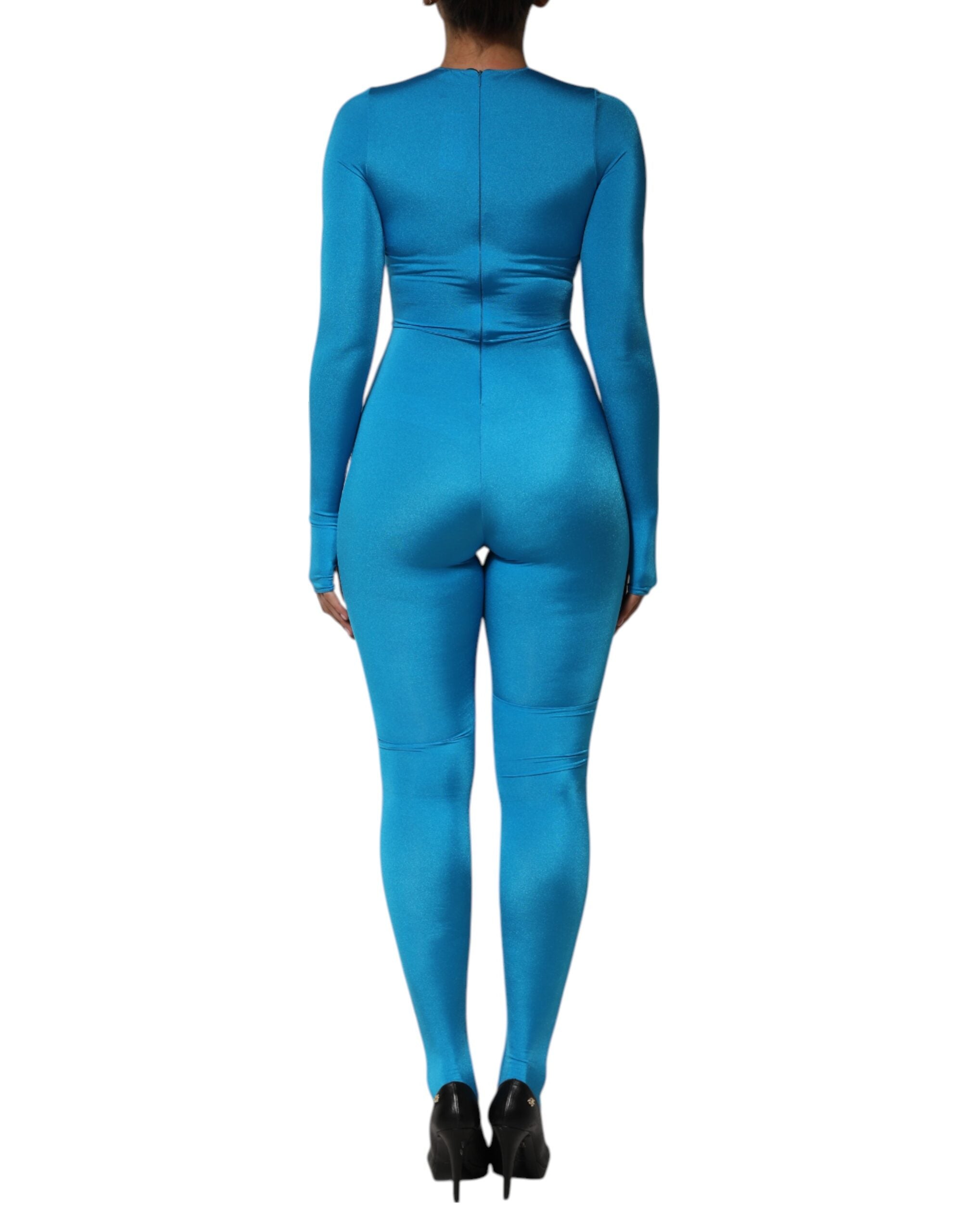 Blue Nylon Crew Neck Bodycon Jumpsuit Dress - ventzia