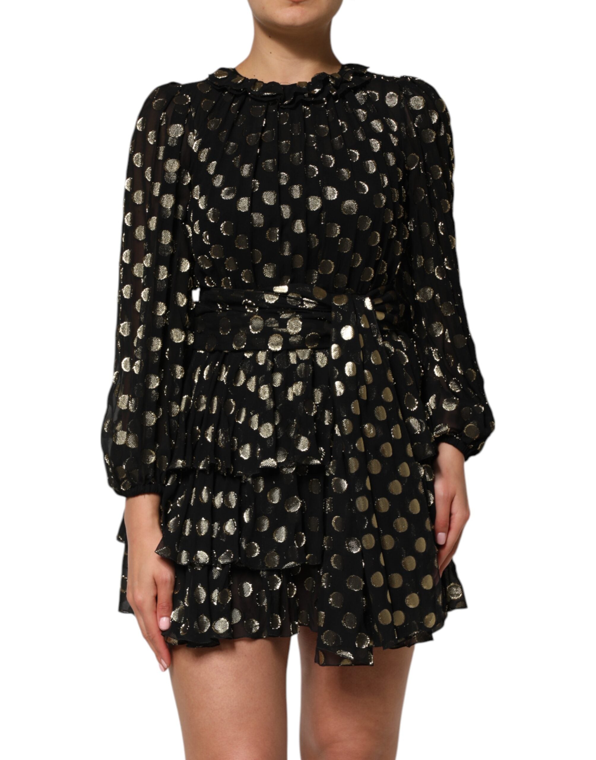 Black Gold Polka Dot Silk Brocade Mini Dress - ventzia