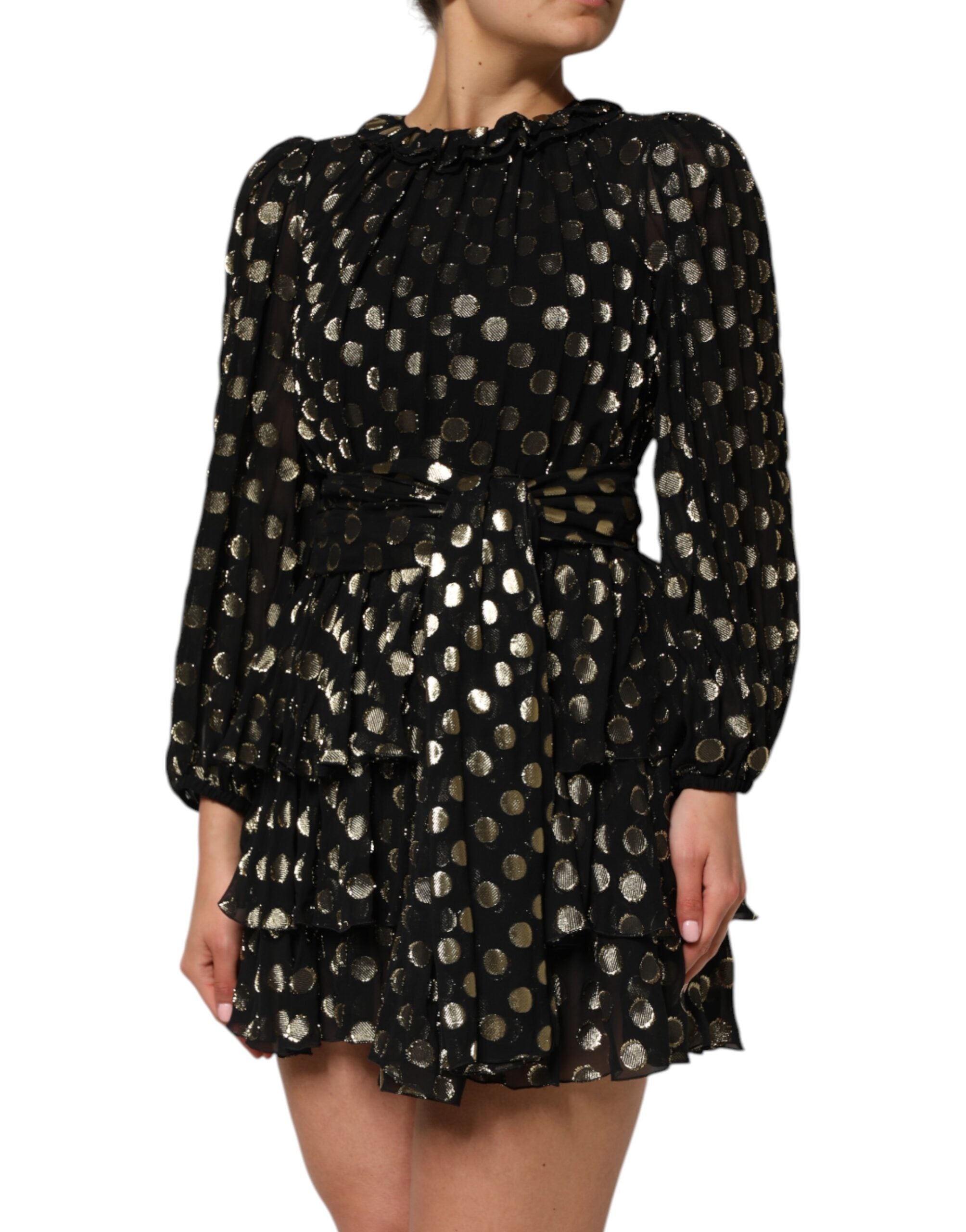 Black Gold Polka Dot Silk Brocade Mini Dress - ventzia