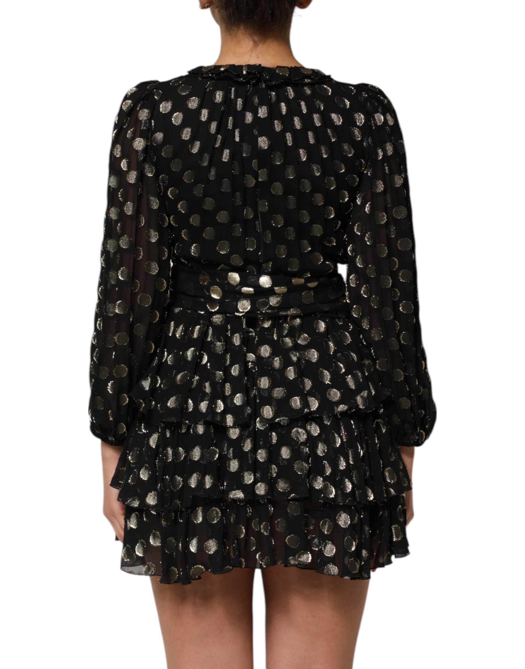 Black Gold Polka Dot Silk Brocade Mini Dress - ventzia