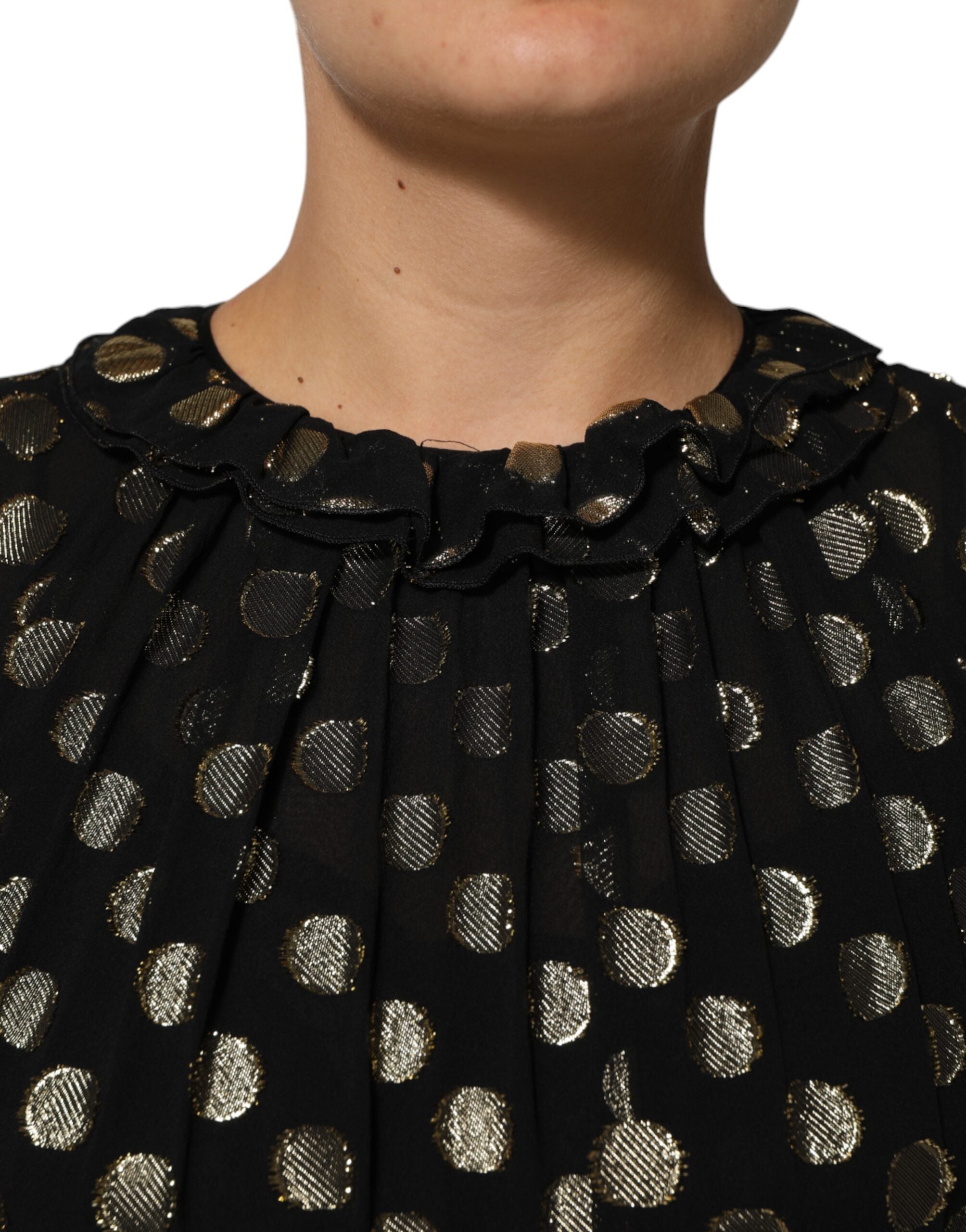 Black Gold Polka Dot Silk Brocade Mini Dress - ventzia