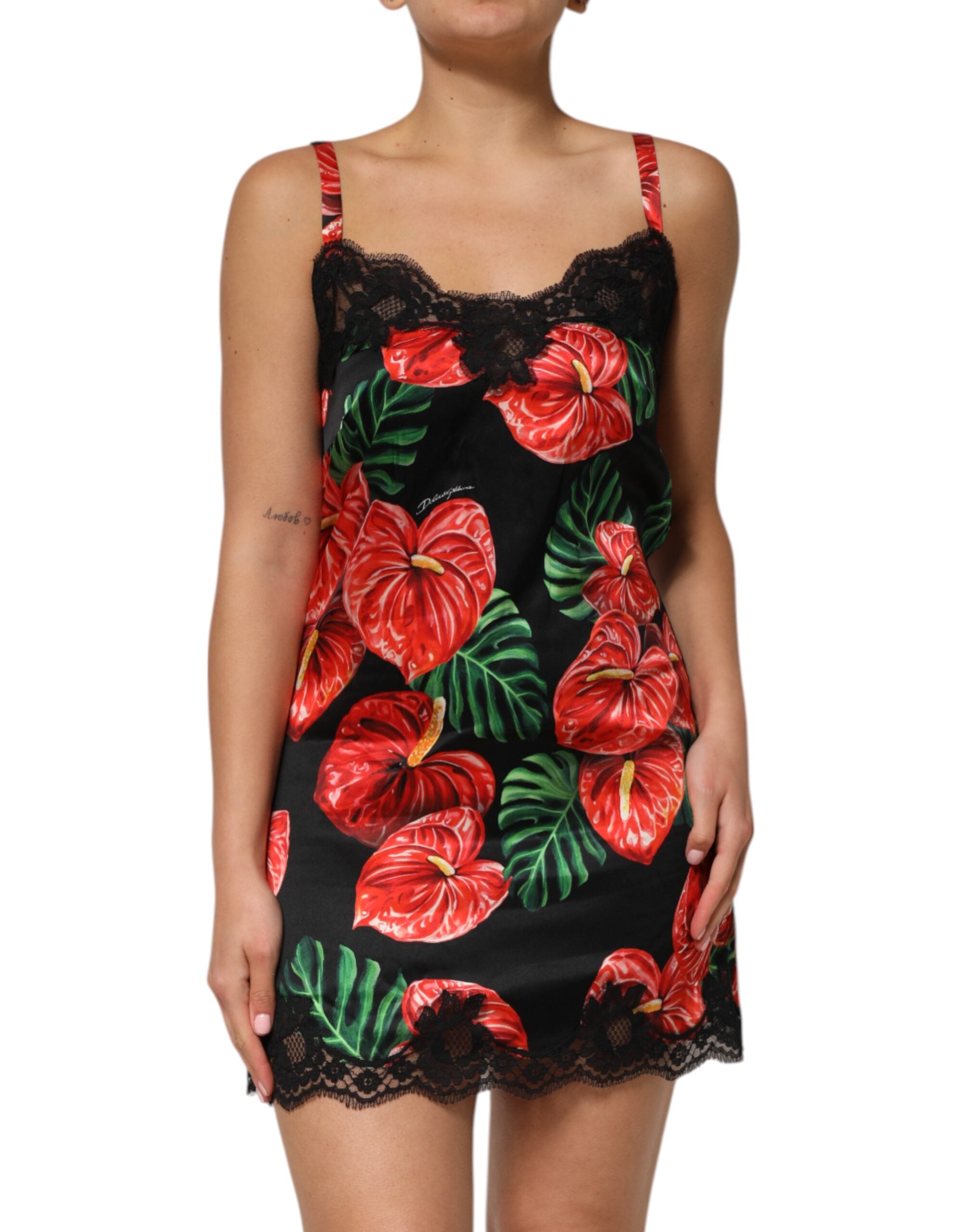 Black Floral Lace Trim Chemise Lingerie Dress - ventzia