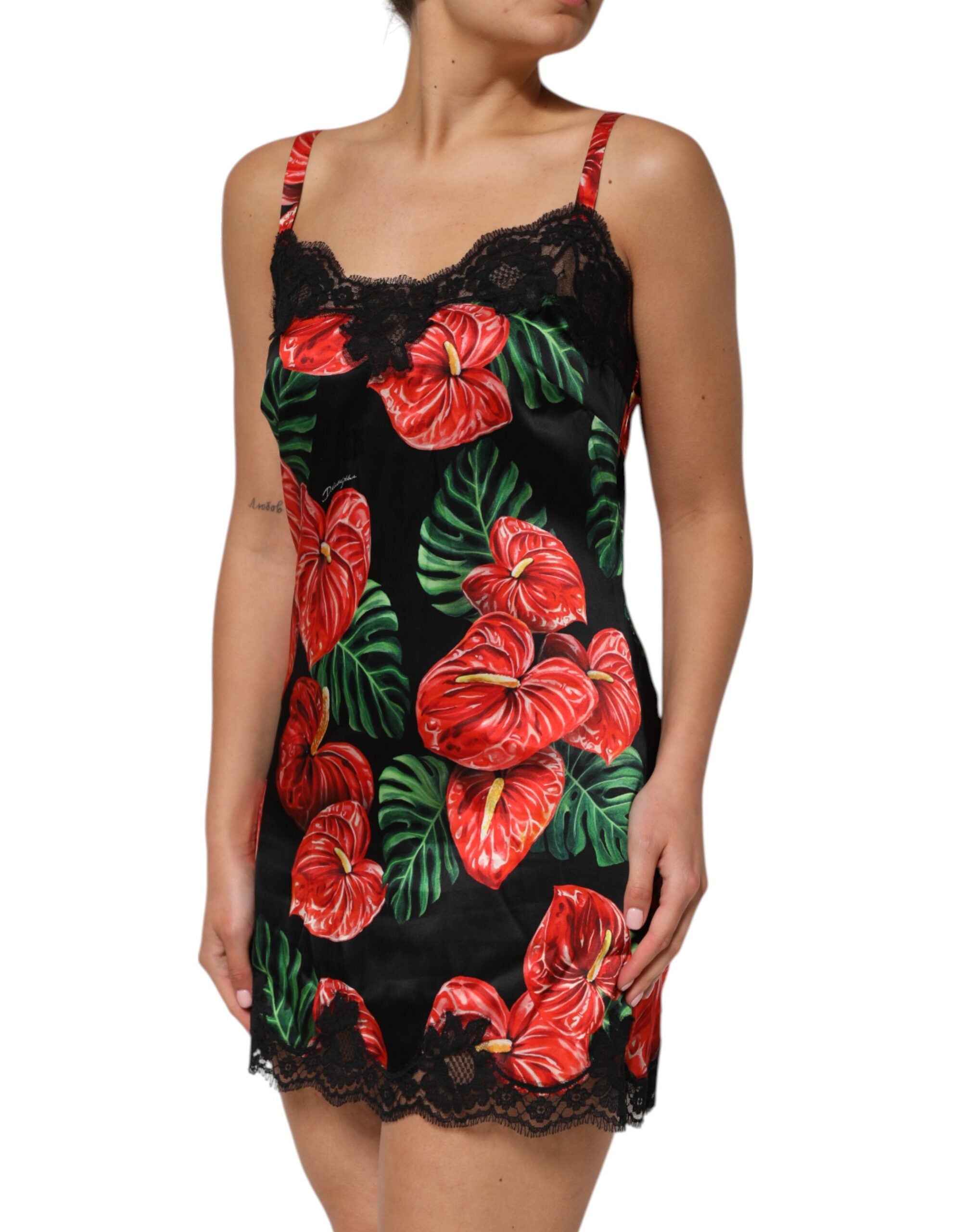 Black Floral Lace Trim Chemise Lingerie Dress - ventzia
