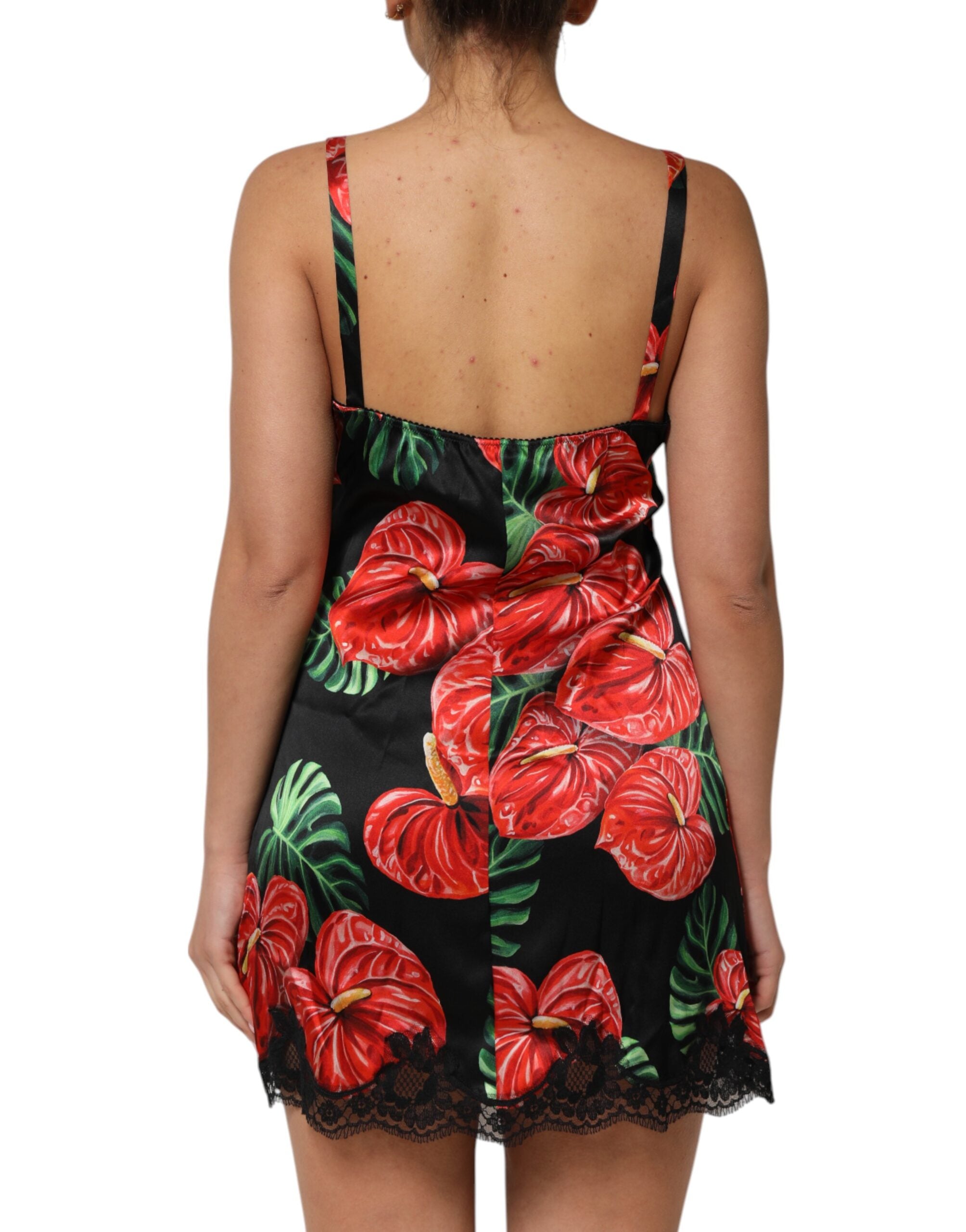 Black Floral Lace Trim Chemise Lingerie Dress - ventzia