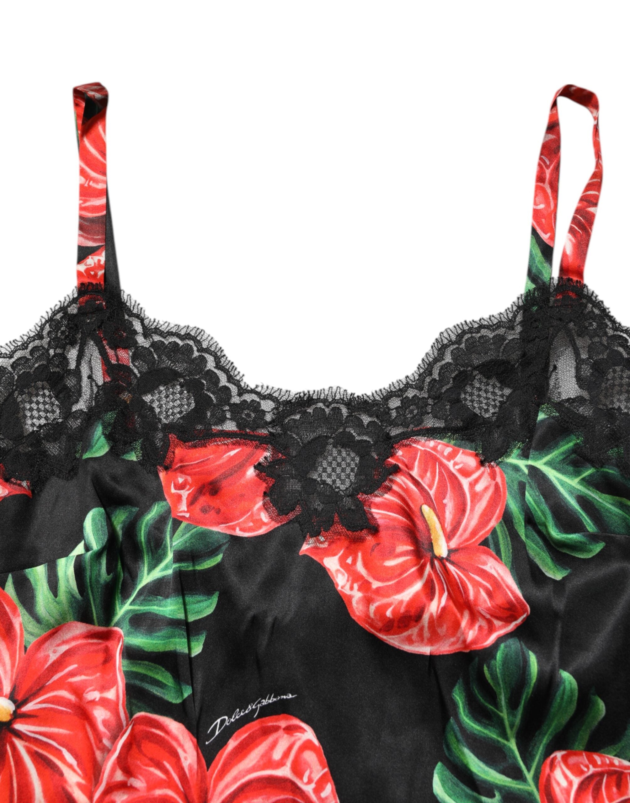 Black Floral Lace Trim Chemise Lingerie Dress - ventzia