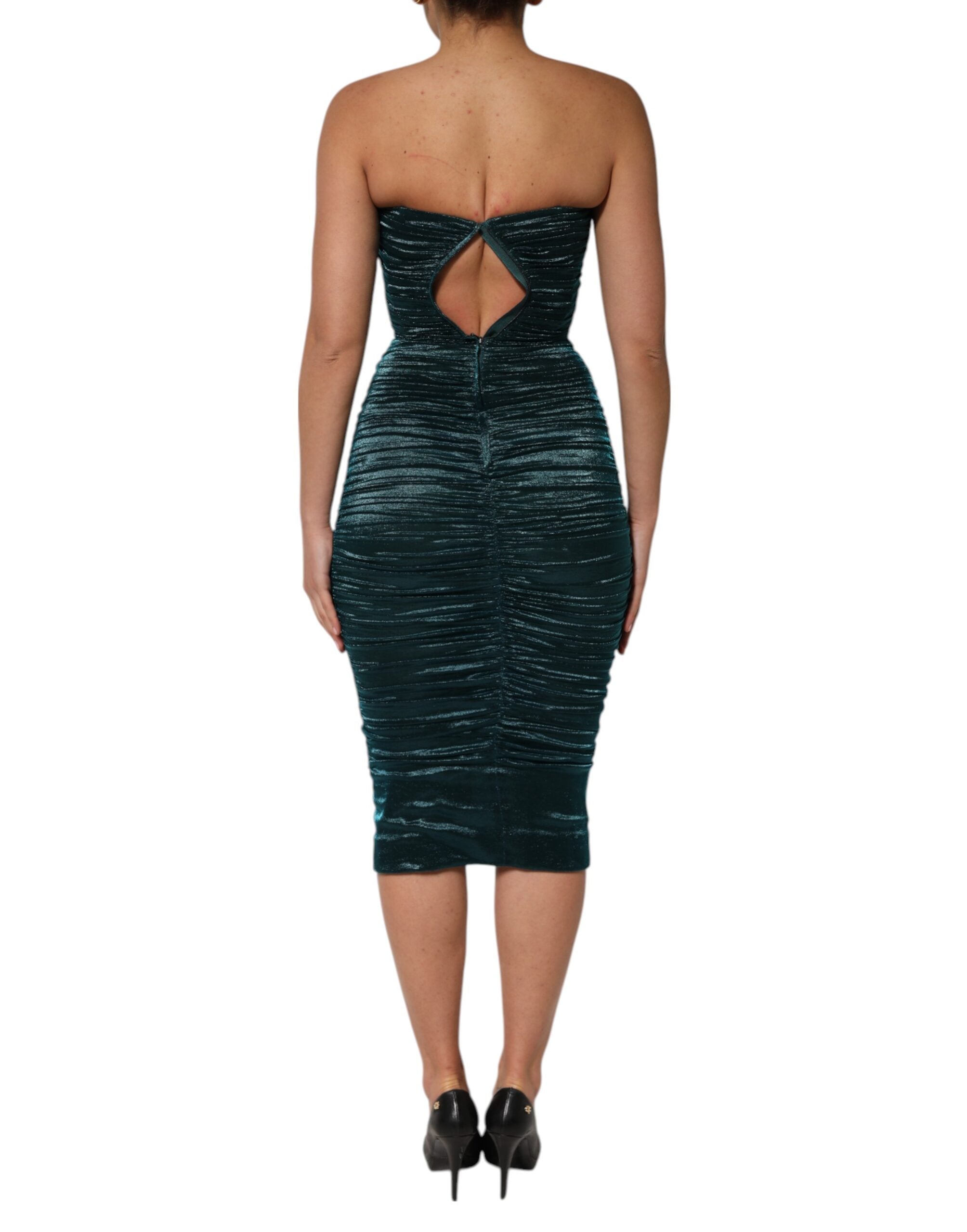 Green Silk Satin Fitted Strapless Dress - ventzia