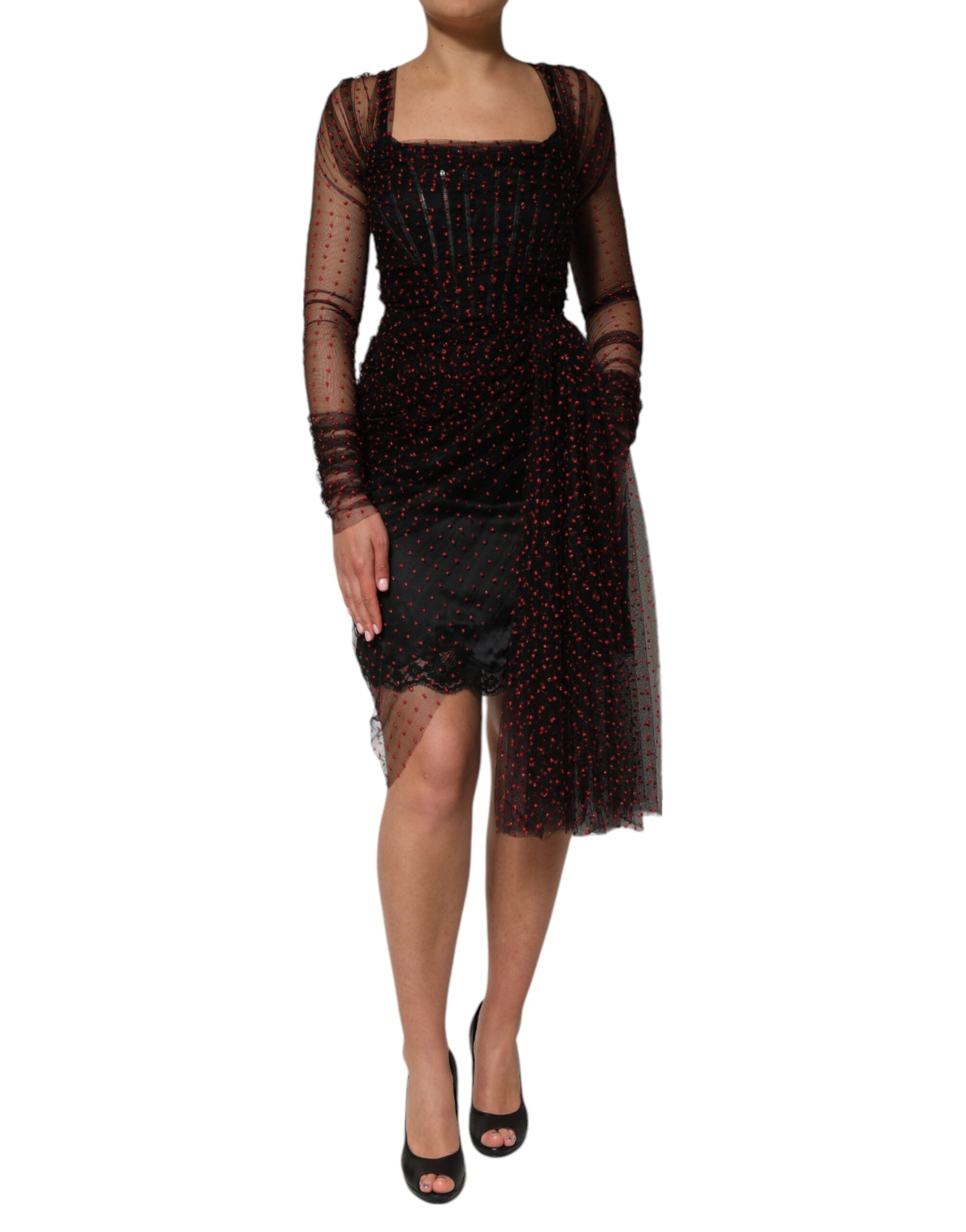 Black Lace Trim Long Sleeve Sheath Mini Dress - ventzia