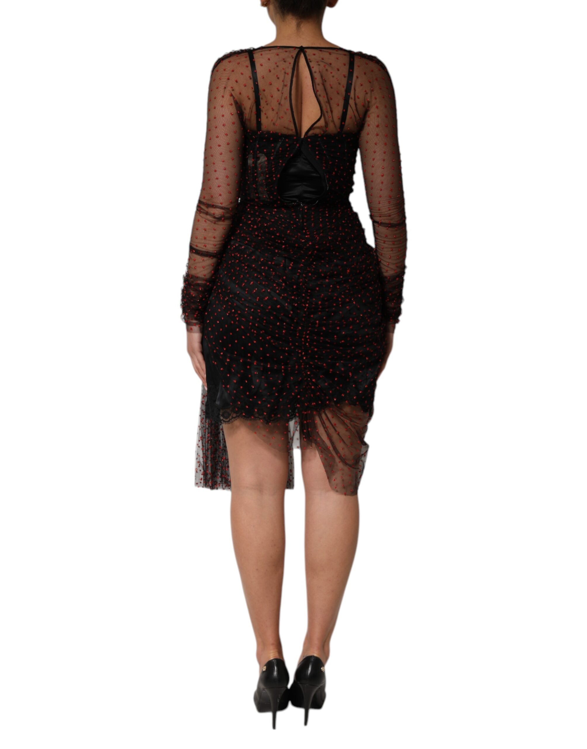 Black Lace Trim Long Sleeve Sheath Mini Dress - ventzia
