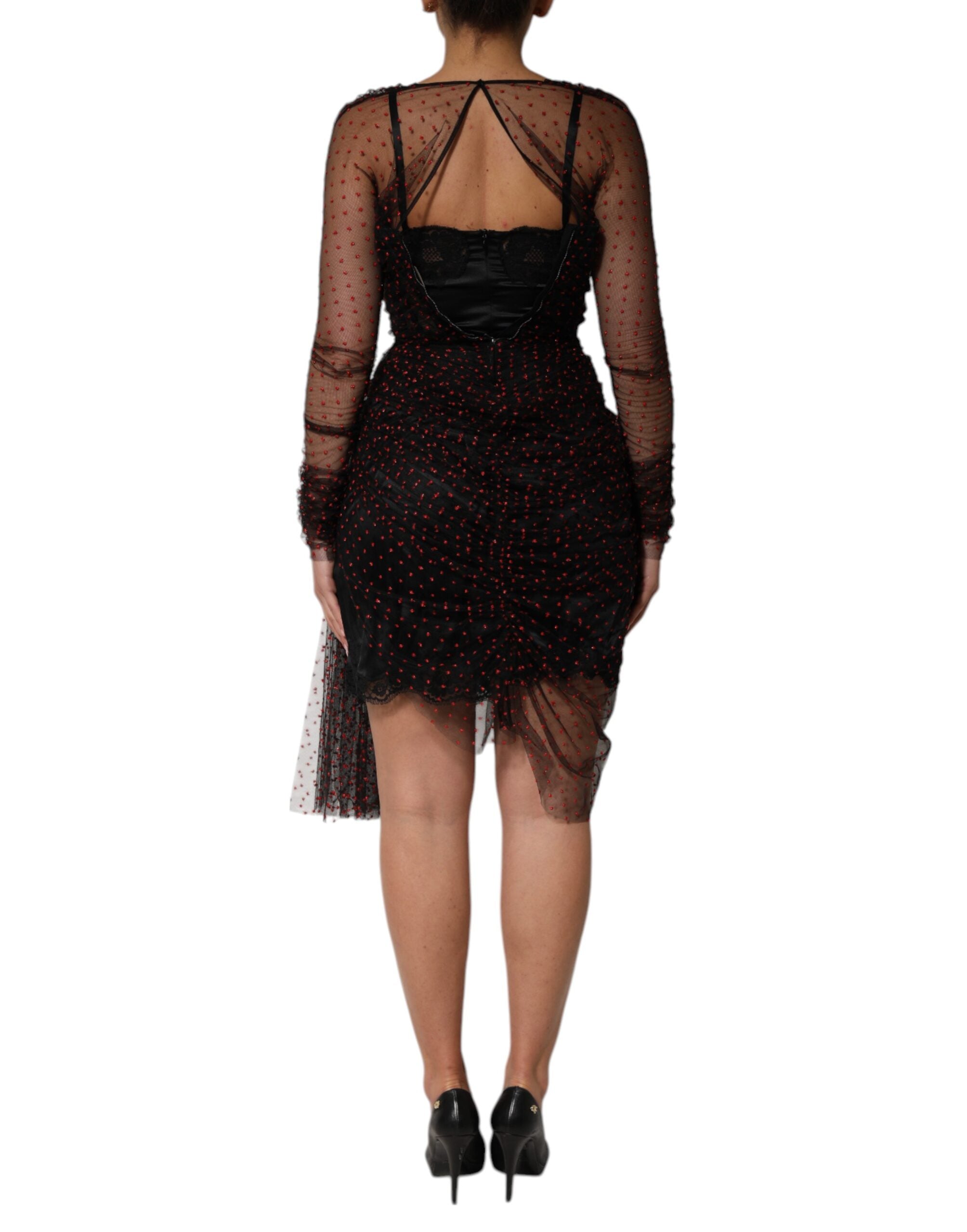 Black Lace Trim Long Sleeve Sheath Mini Dress - ventzia