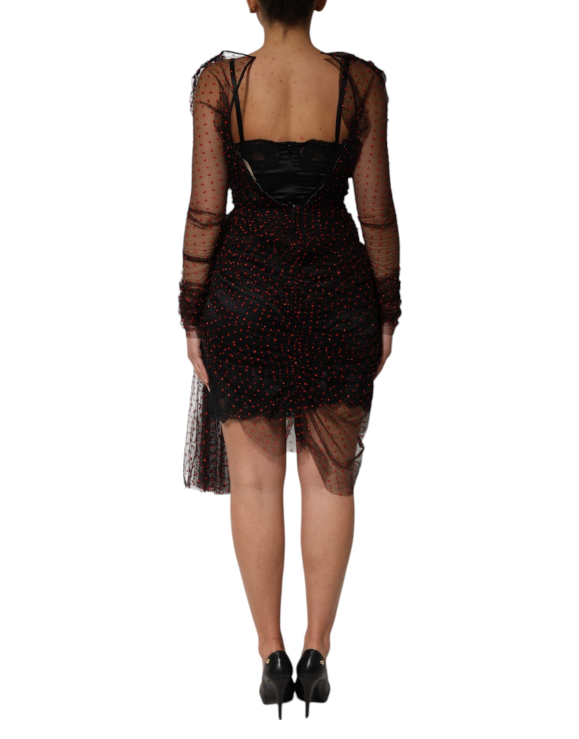 Black Lace Trim Long Sleeve Sheath Mini Dress - ventzia