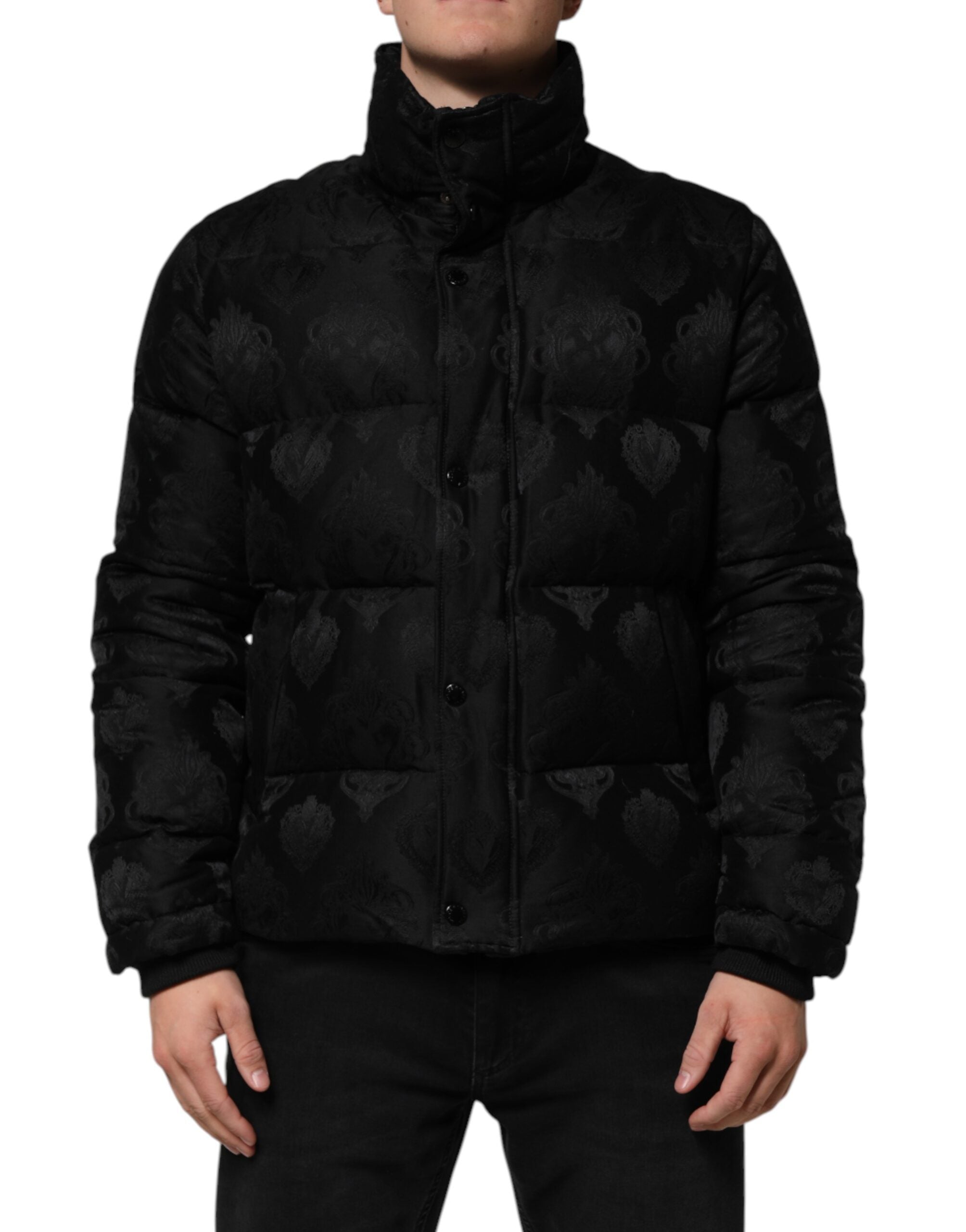 Black Jacquard Quilted Puffer Bomber Jacket - ventzia