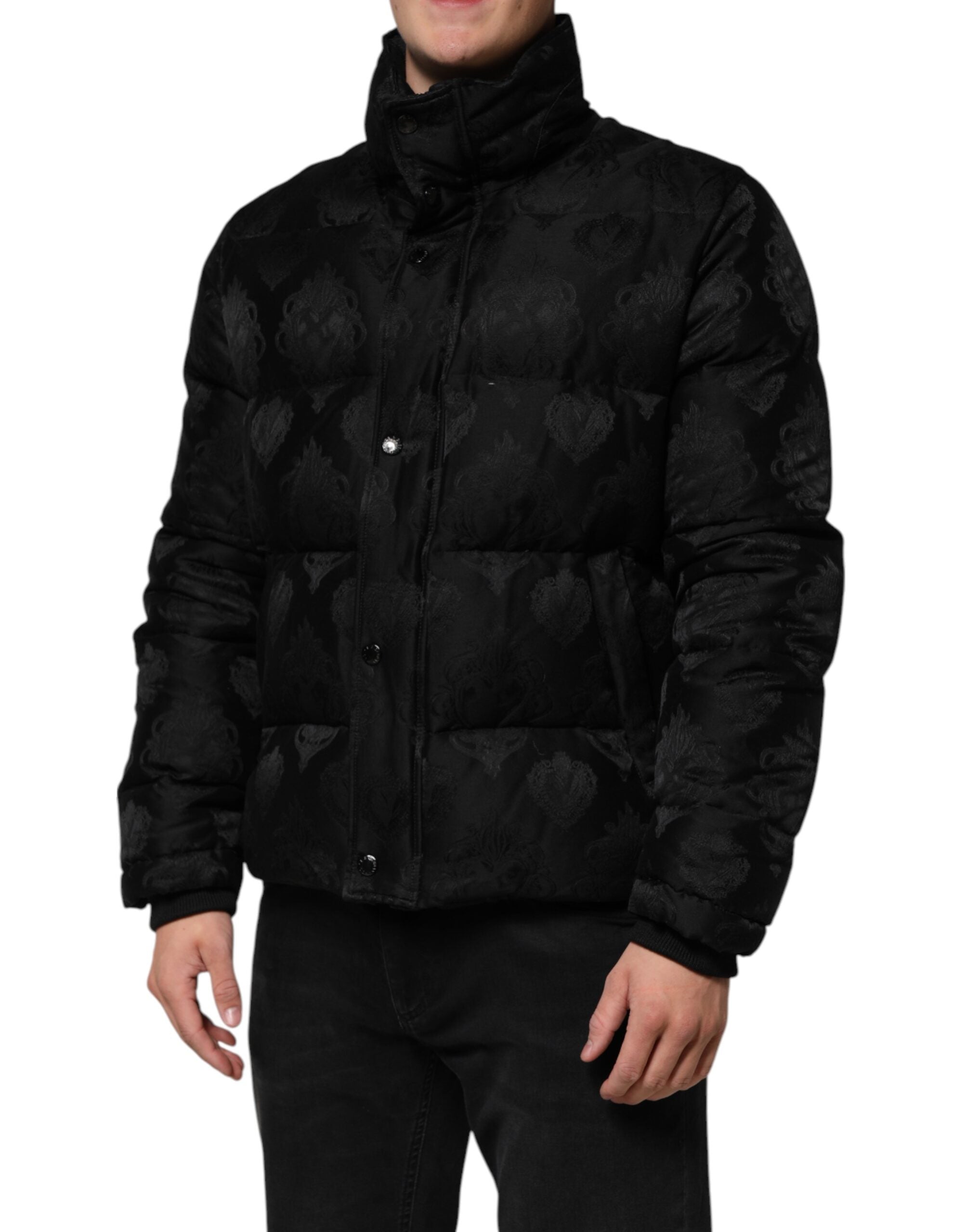 Black Jacquard Quilted Puffer Bomber Jacket - ventzia