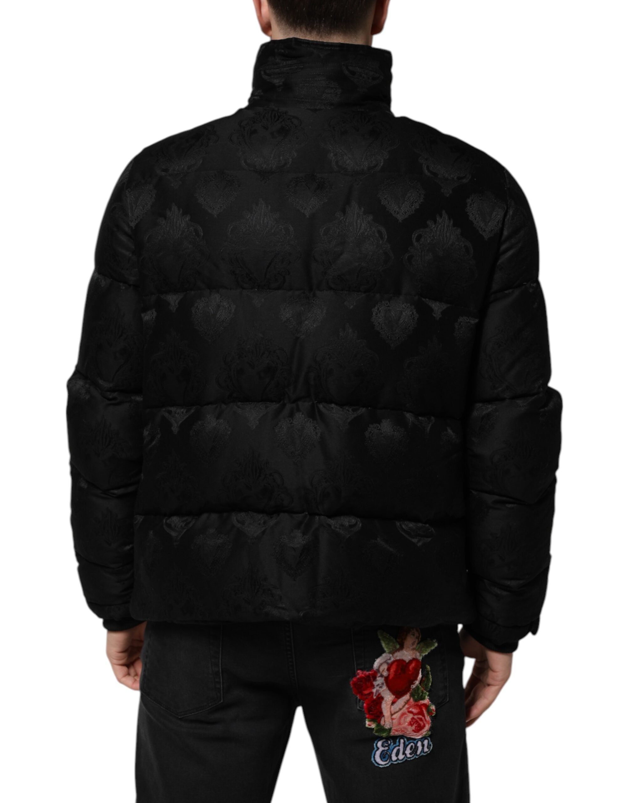 Black Jacquard Quilted Puffer Bomber Jacket - ventzia