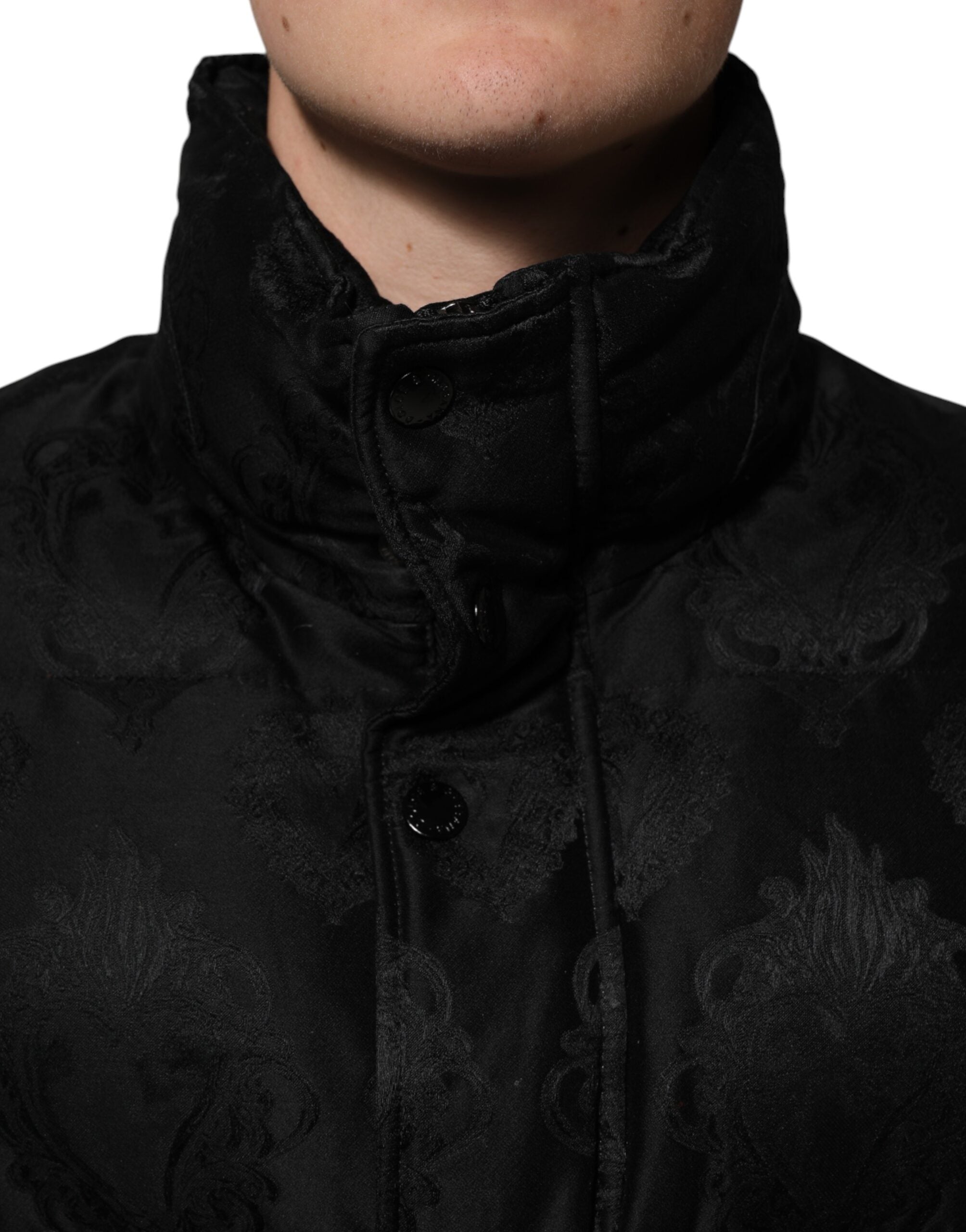 Black Jacquard Quilted Puffer Bomber Jacket - ventzia