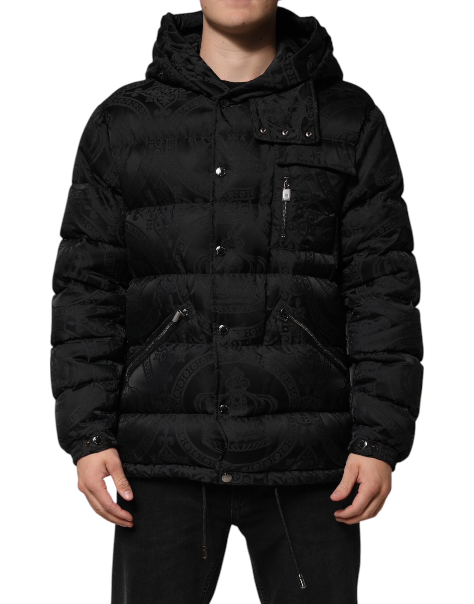 Black Jacquard Quilted Puffer Hooded Jacket - ventzia