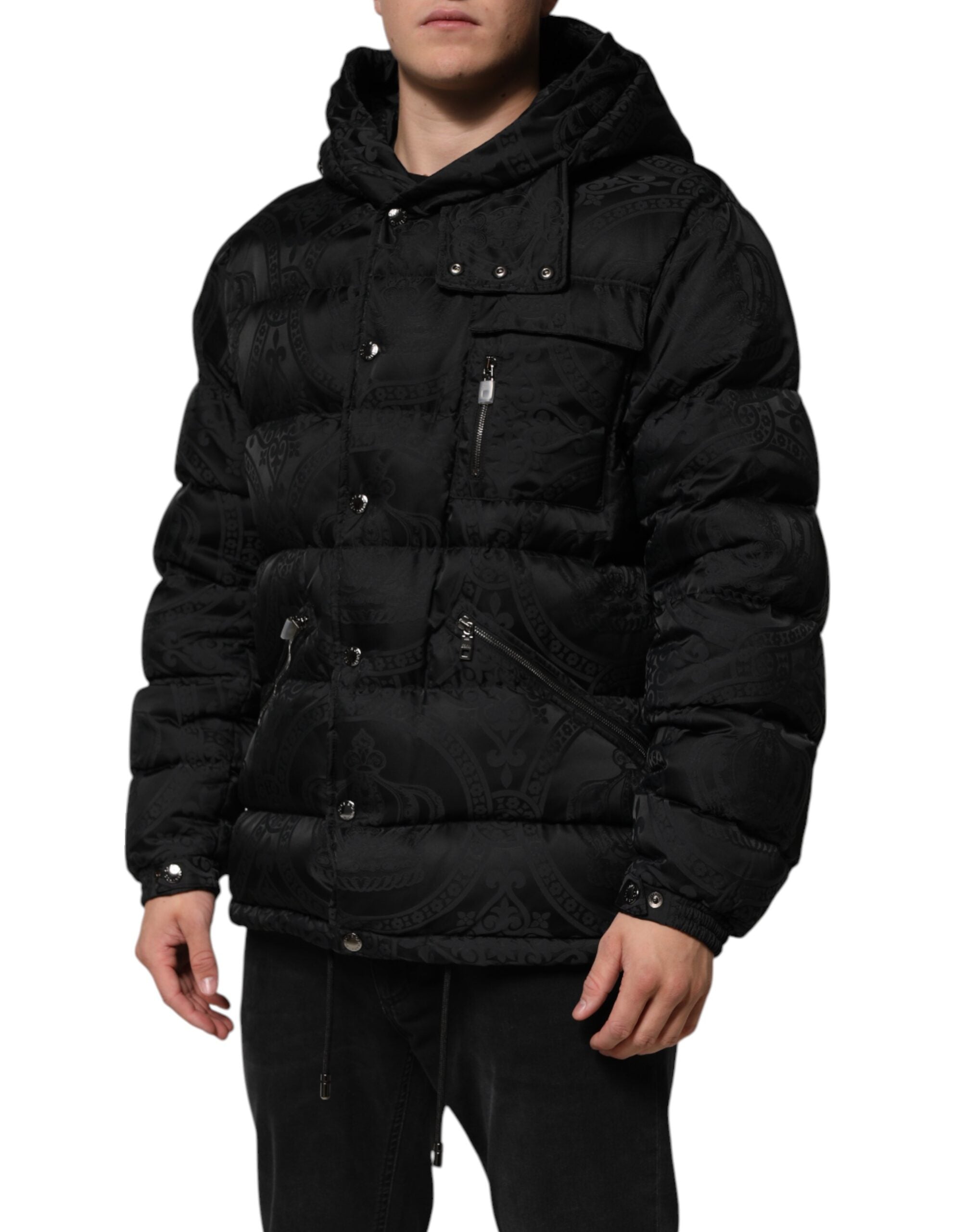 Black Jacquard Quilted Puffer Hooded Jacket - ventzia