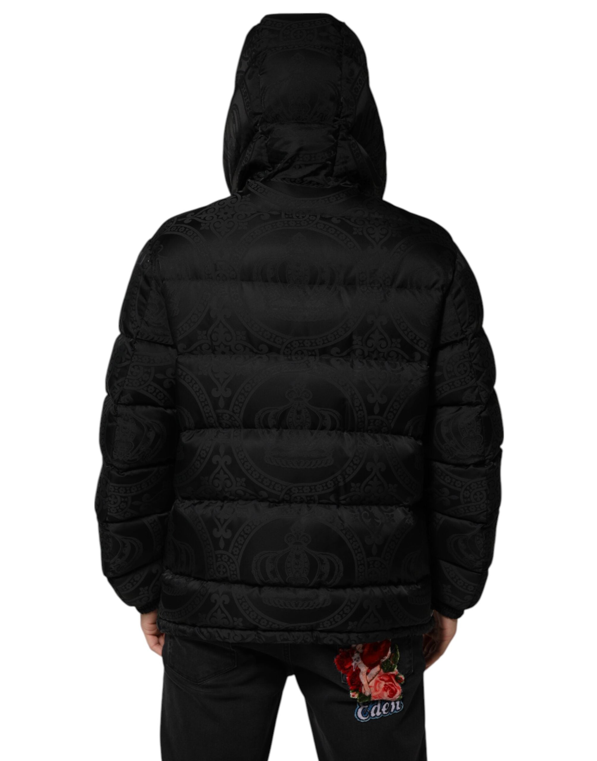 Black Jacquard Quilted Puffer Hooded Jacket - ventzia