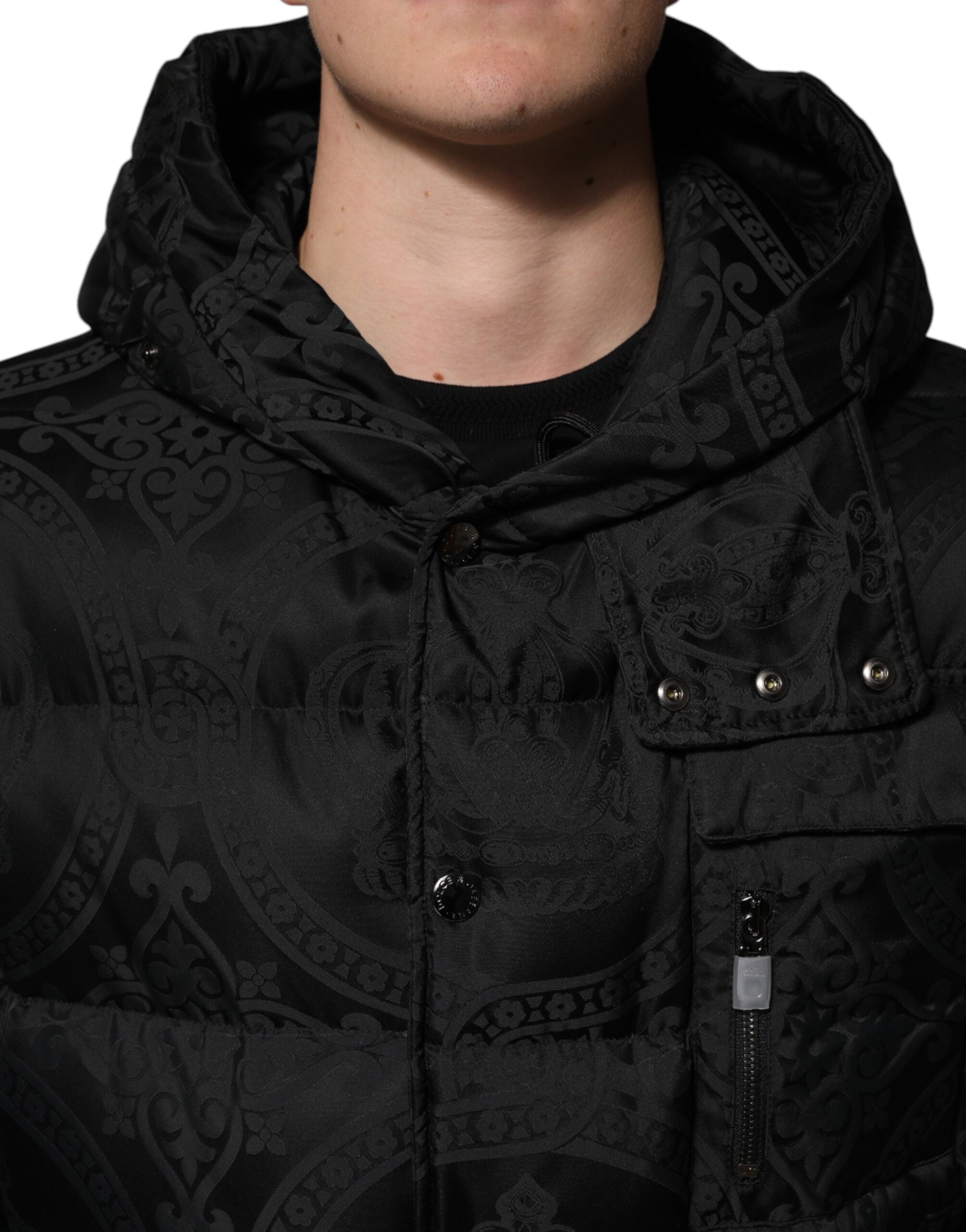 Black Jacquard Quilted Puffer Hooded Jacket - ventzia
