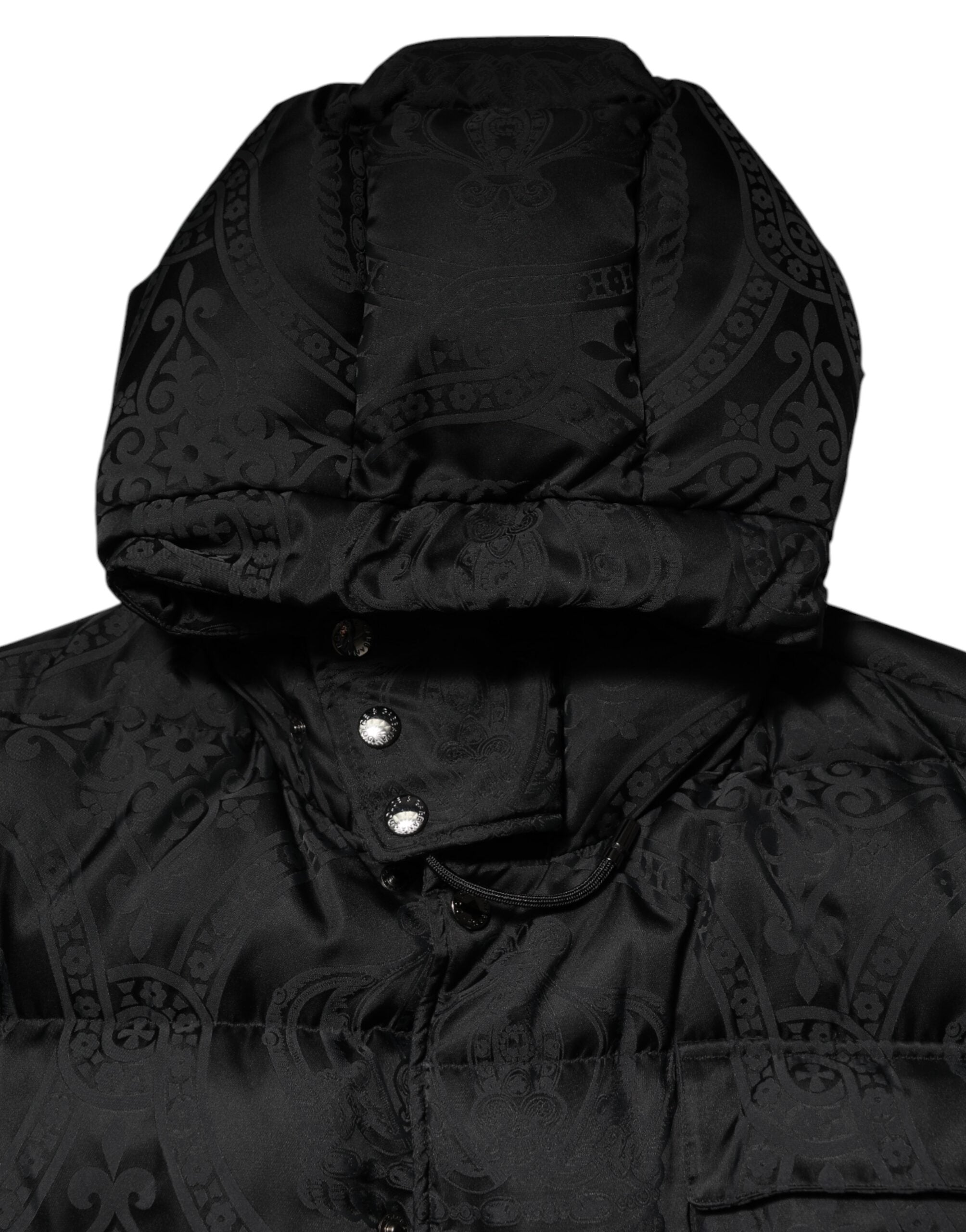 Black Jacquard Quilted Puffer Hooded Jacket - ventzia