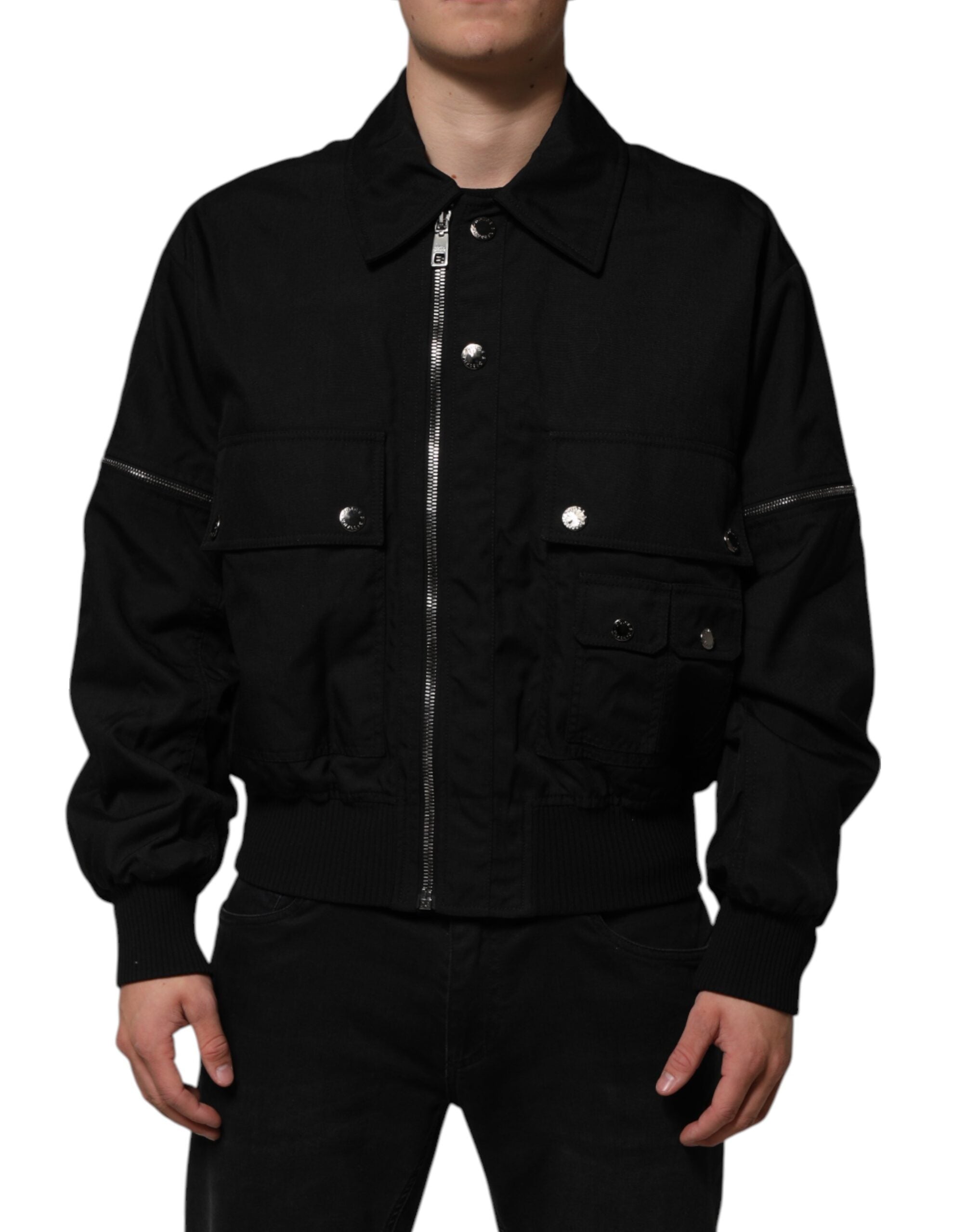 Black Patch Pocket Full Zip Bomber Jacket - ventzia