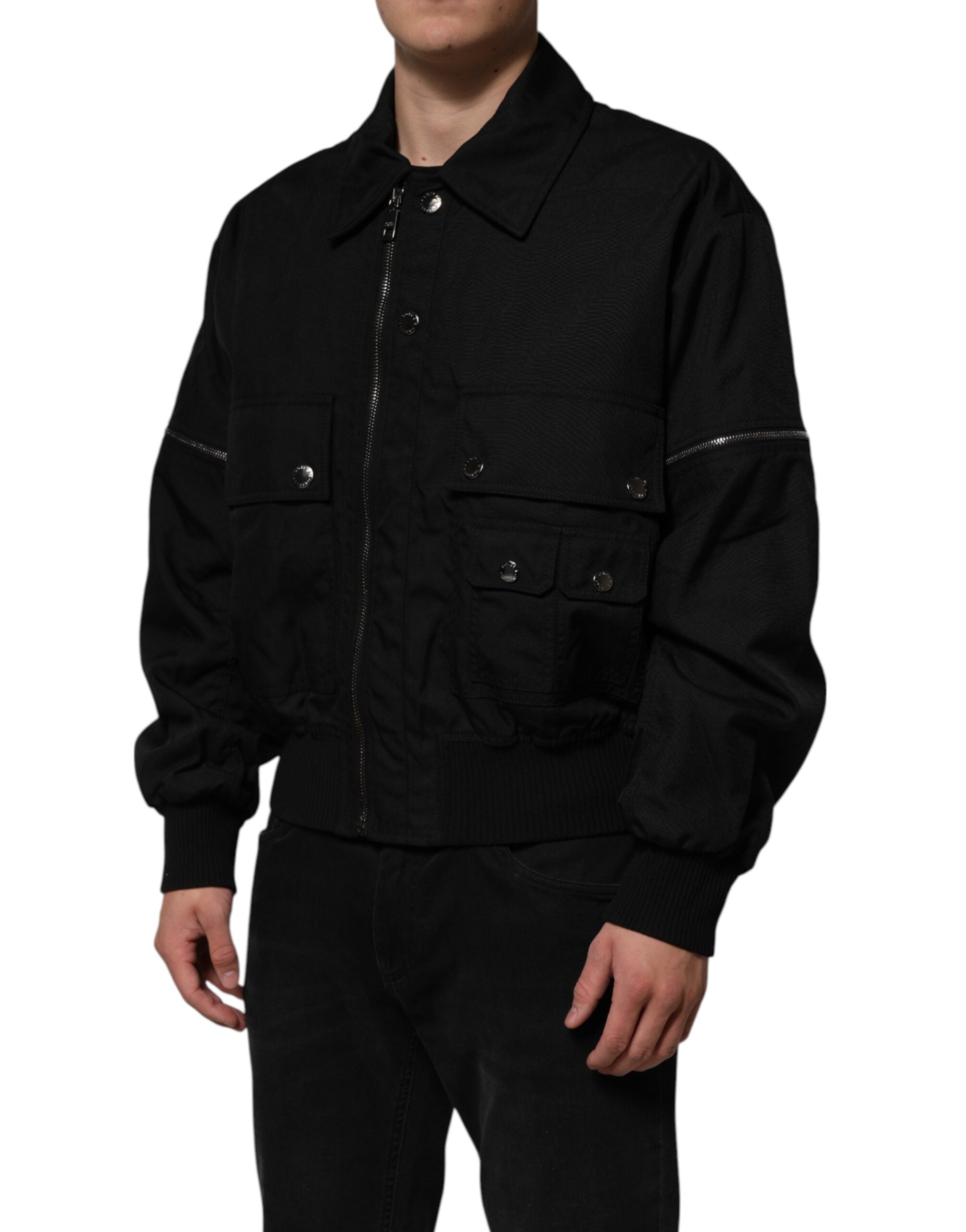 Black Patch Pocket Full Zip Bomber Jacket - ventzia