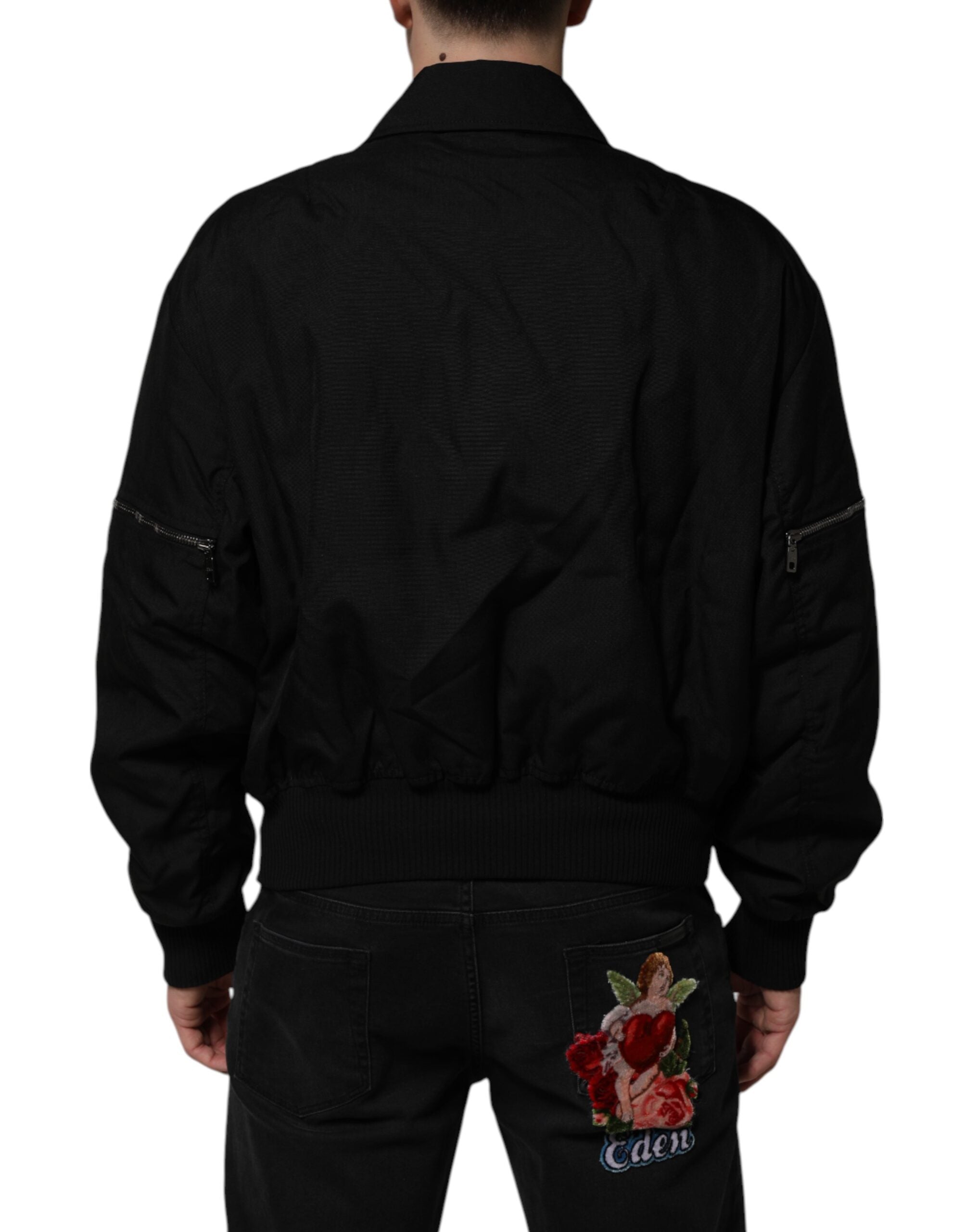 Black Patch Pocket Full Zip Bomber Jacket - ventzia
