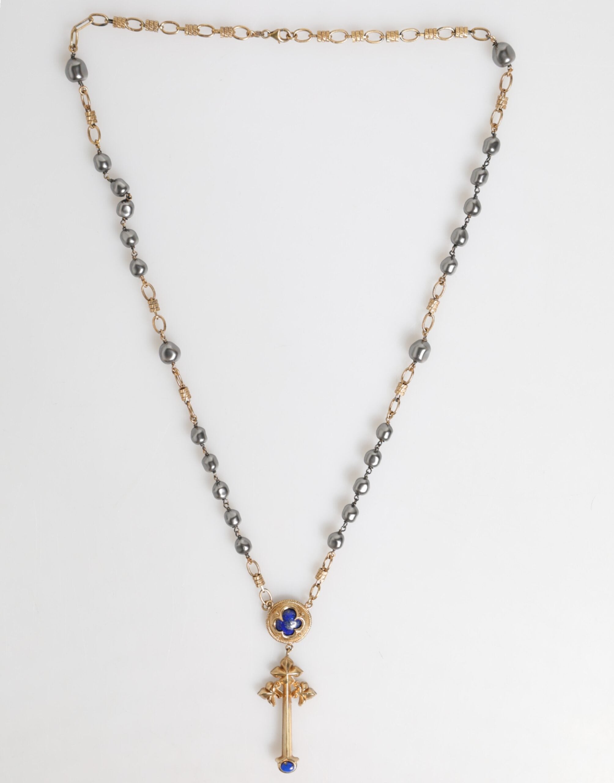 Gold Tone Beaded Chain Religious Cross Necklace - ventzia