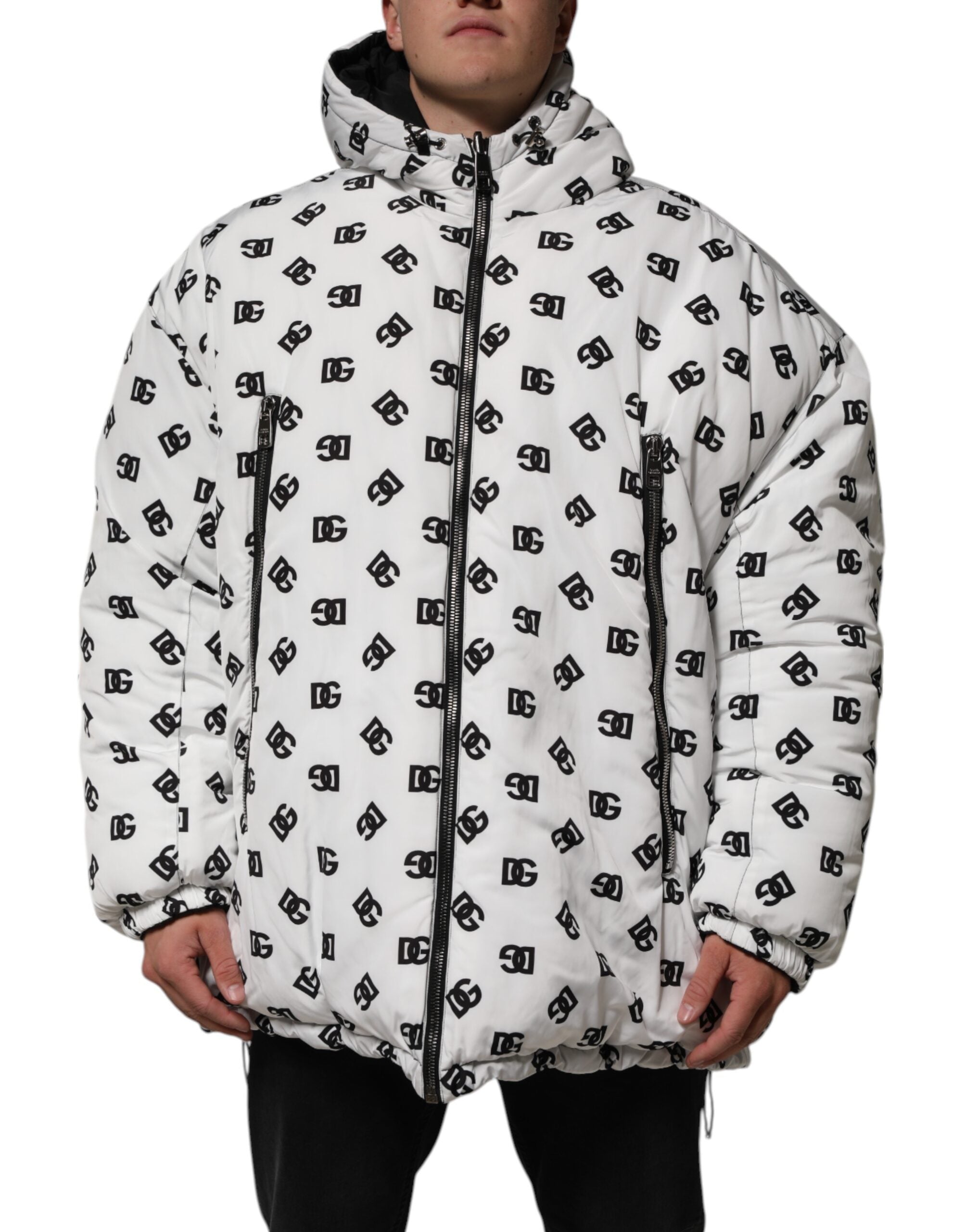 White DG Monogram Hooded Puffer Jacket - ventzia