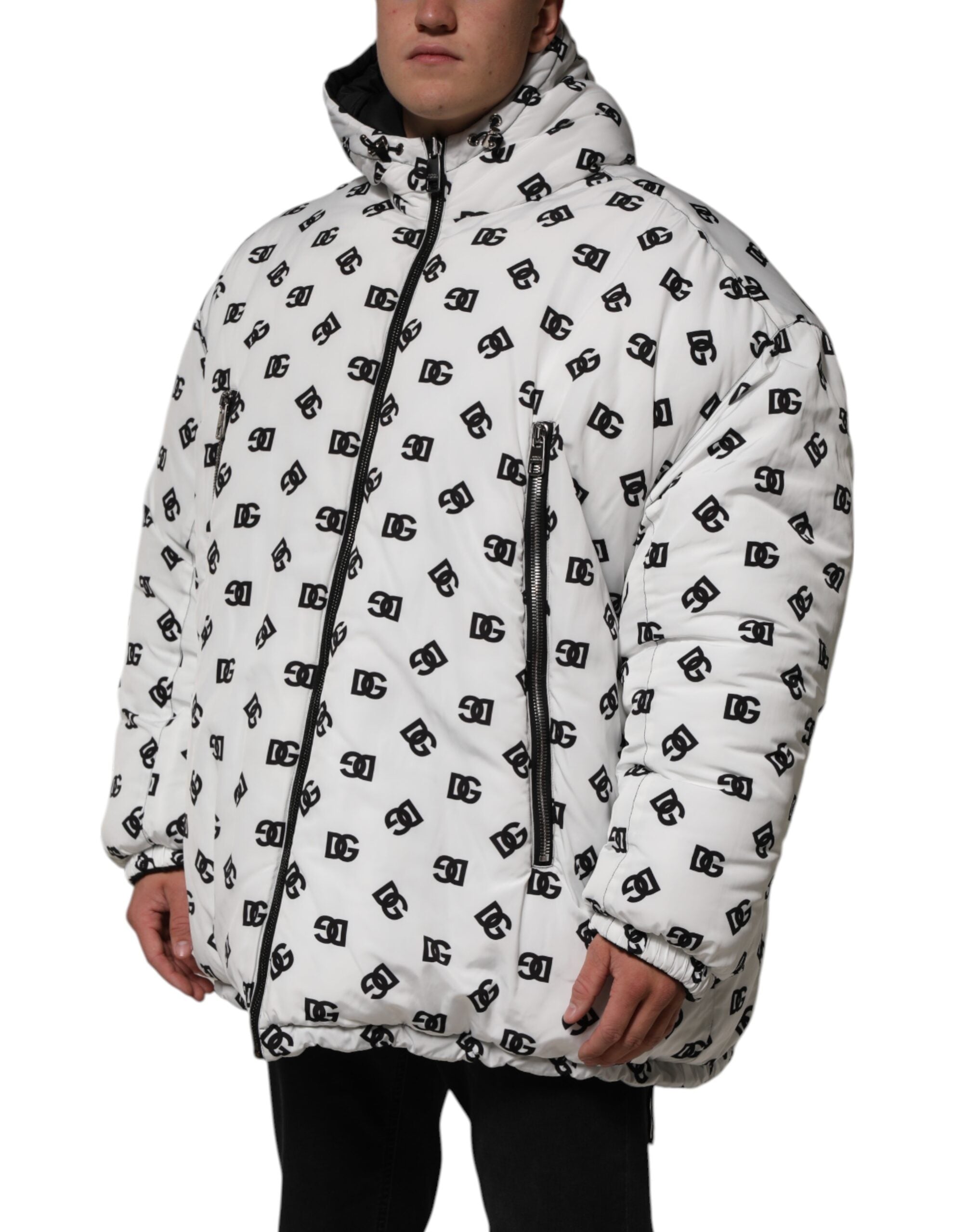 White DG Monogram Hooded Puffer Jacket - ventzia