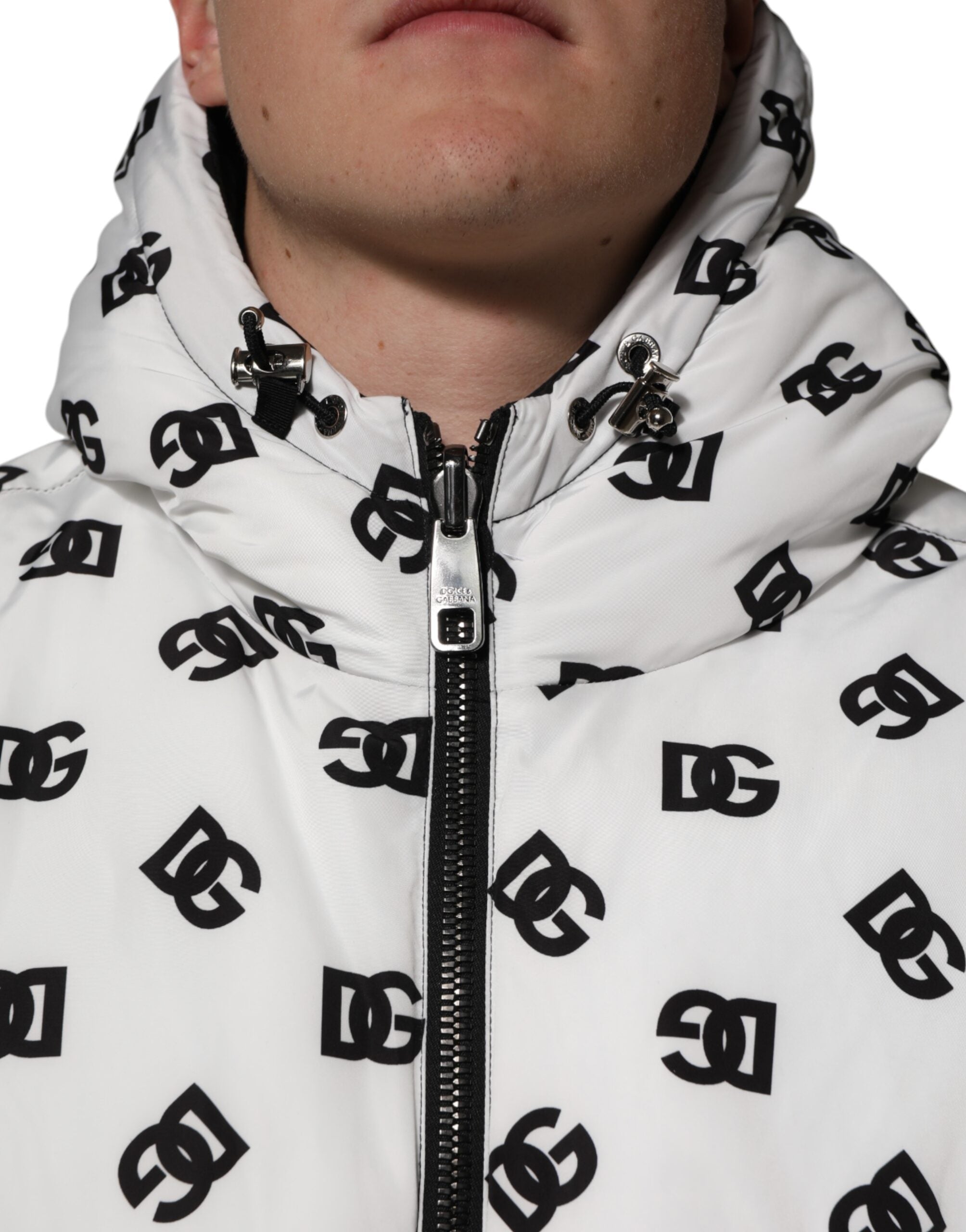 White DG Monogram Hooded Puffer Jacket - ventzia