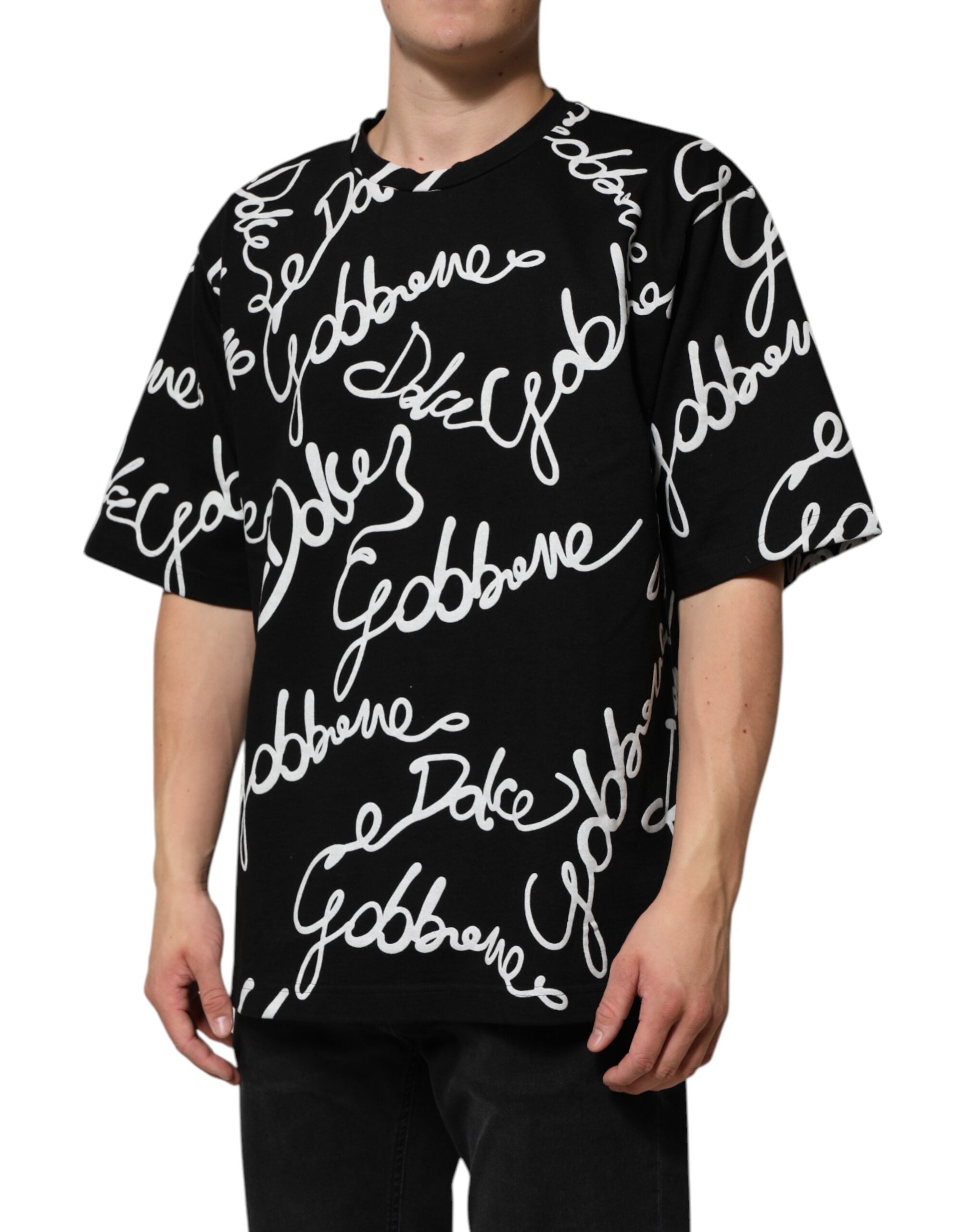 Black Logo Print Cotton Crew Neck T-shirt - ventzia