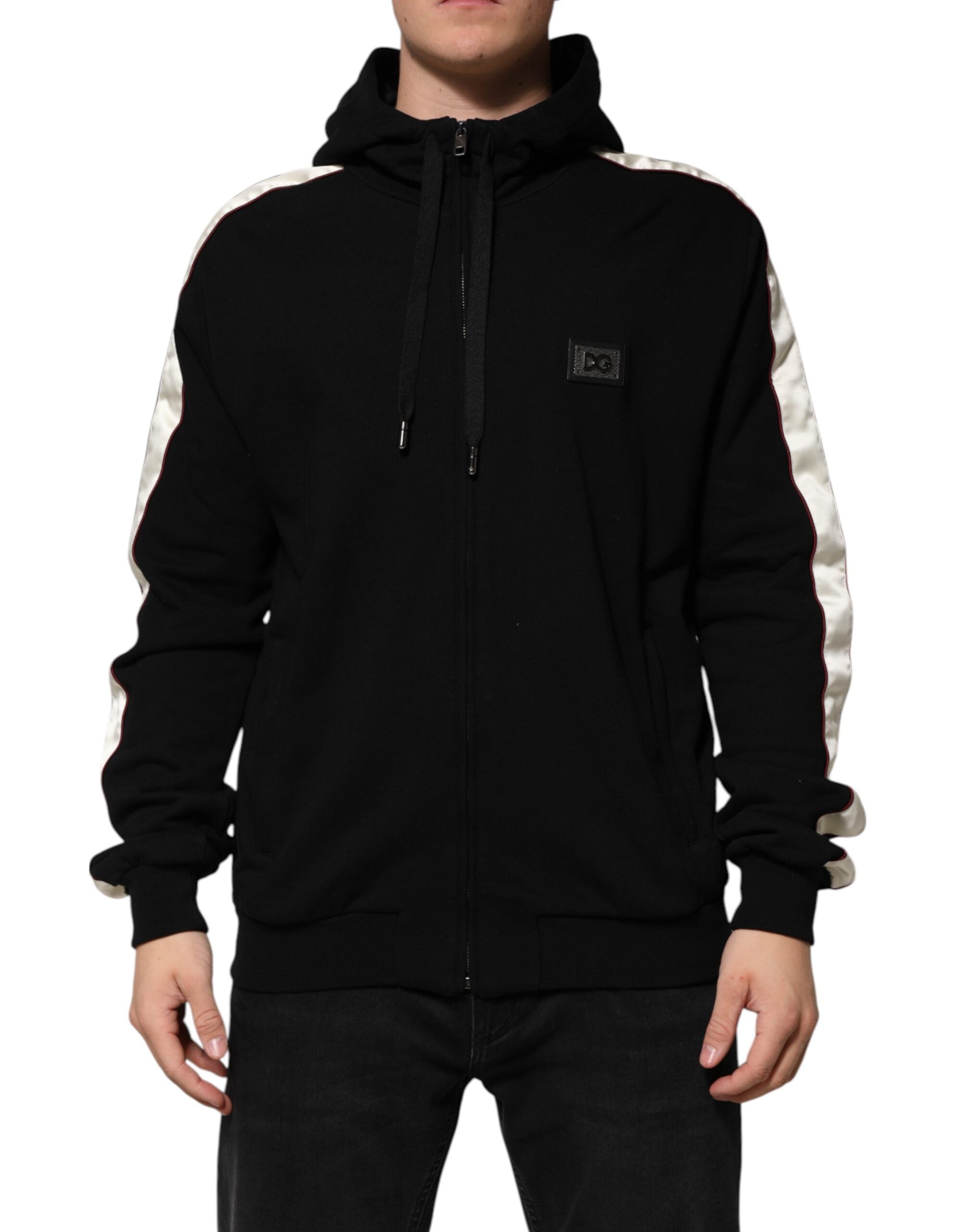 Black Cotton Plaque Track Cardigan Sweater - ventzia