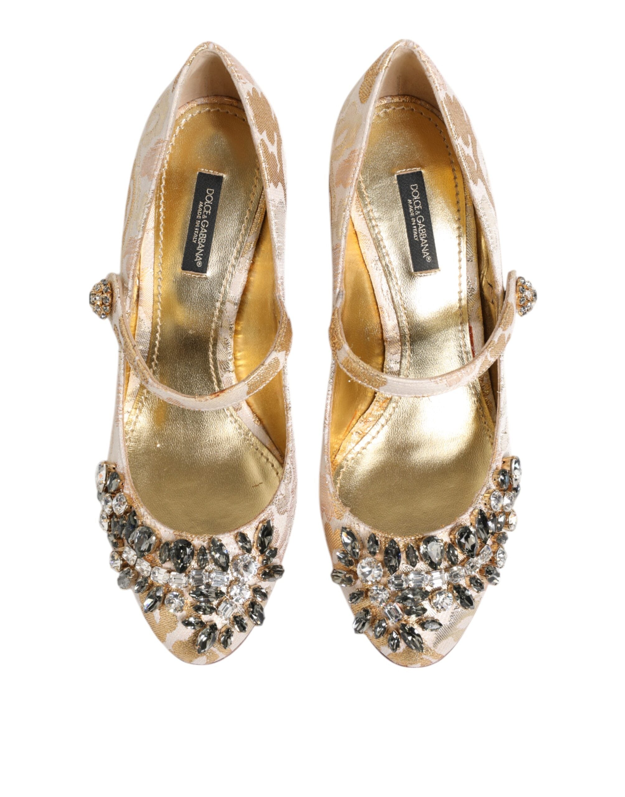 Gold Jacquard Crystal Mary Janes Pumps Shoes - ventzia