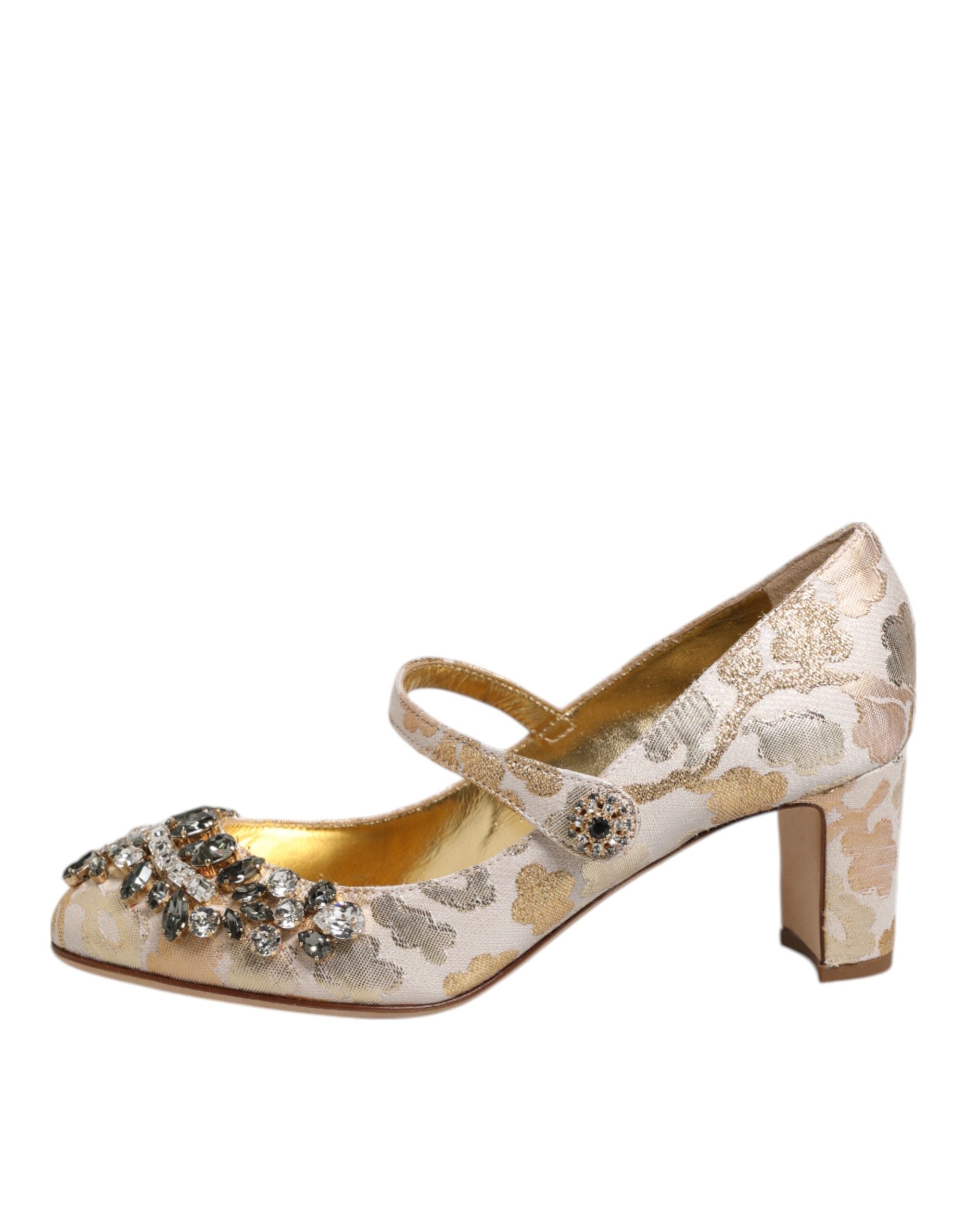 Gold Jacquard Crystal Mary Janes Pumps Shoes - ventzia