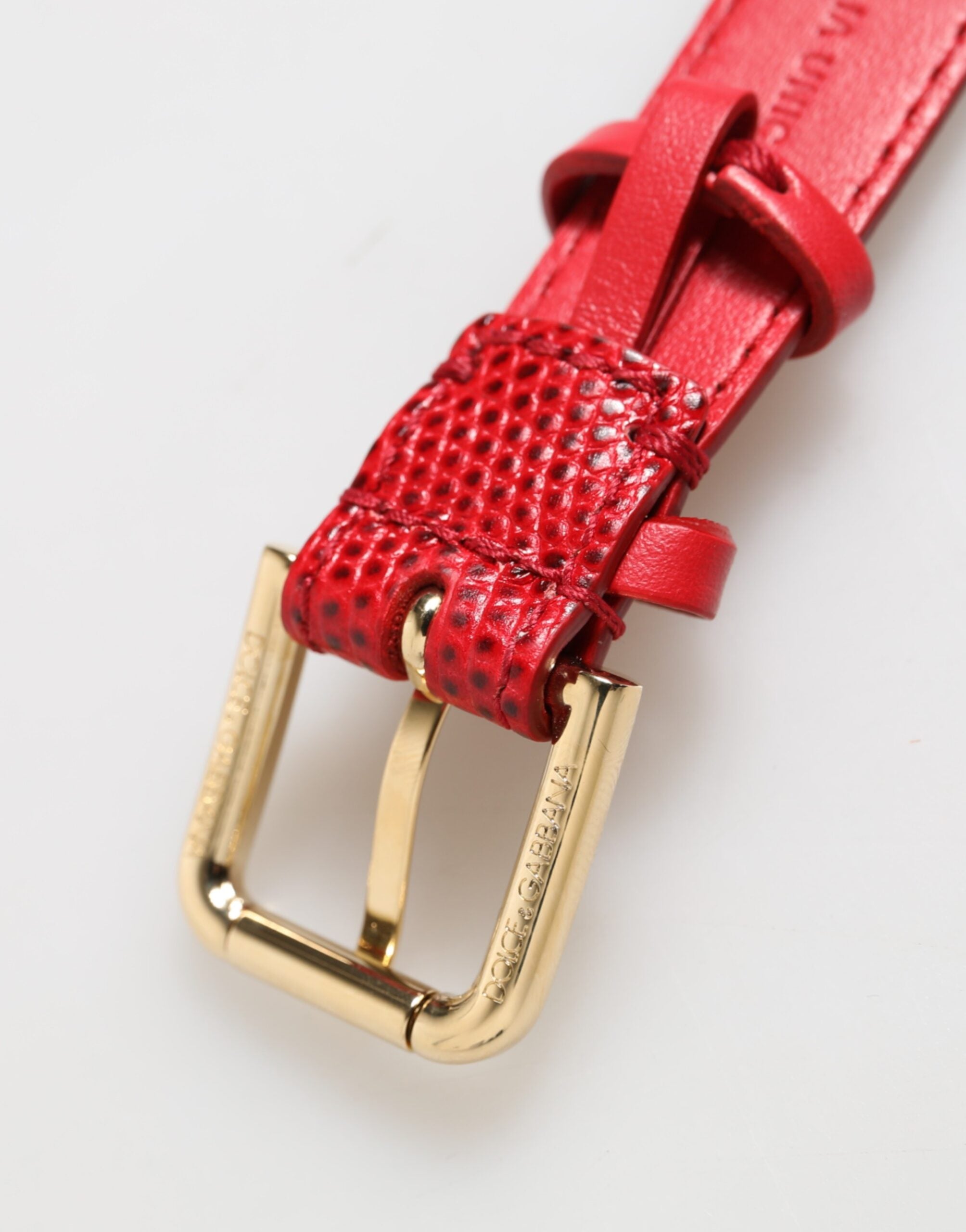 Red Exotic Leather Gold Tone Metal Buckle Women Armband - ventzia